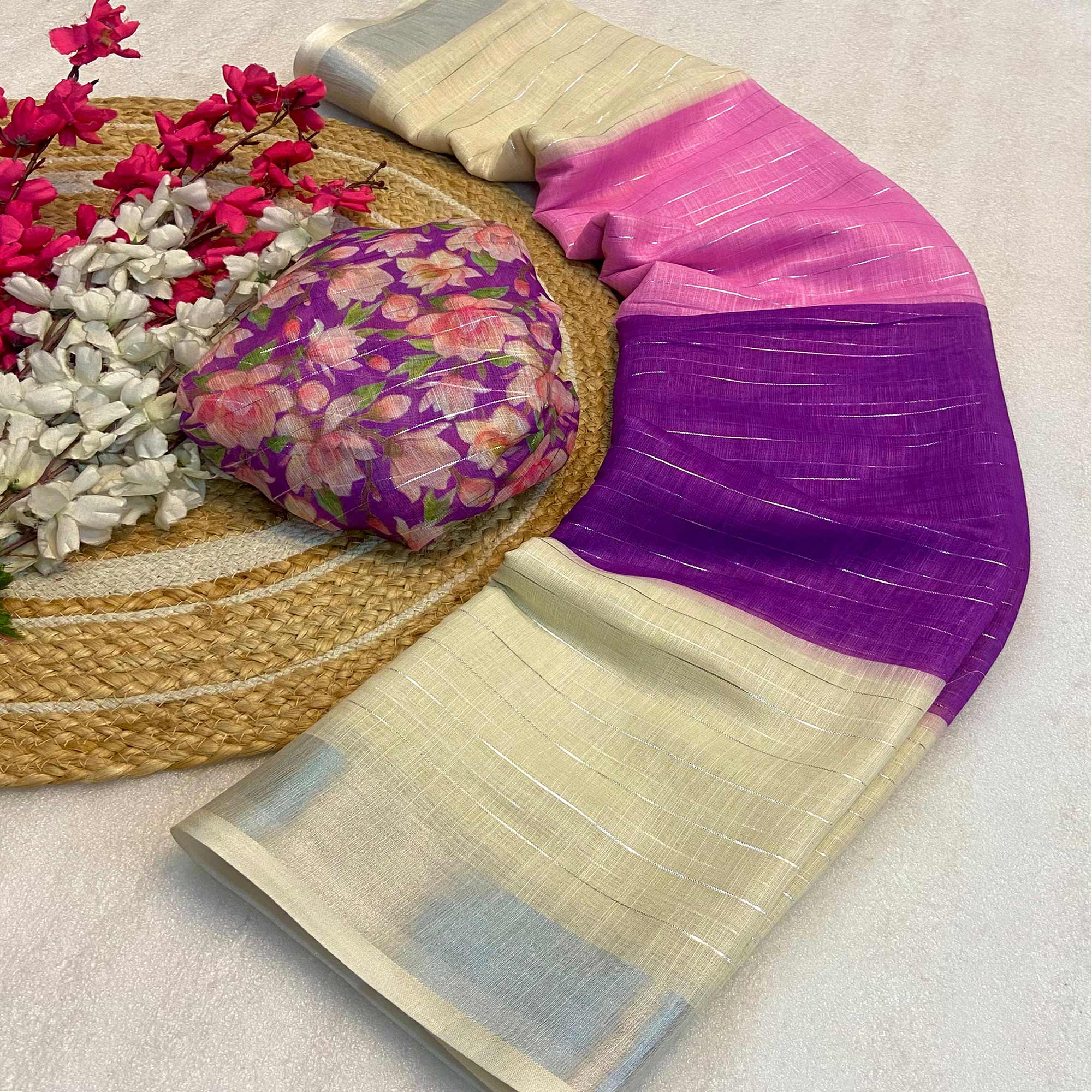 Purple Zari Weaving Linen Saree