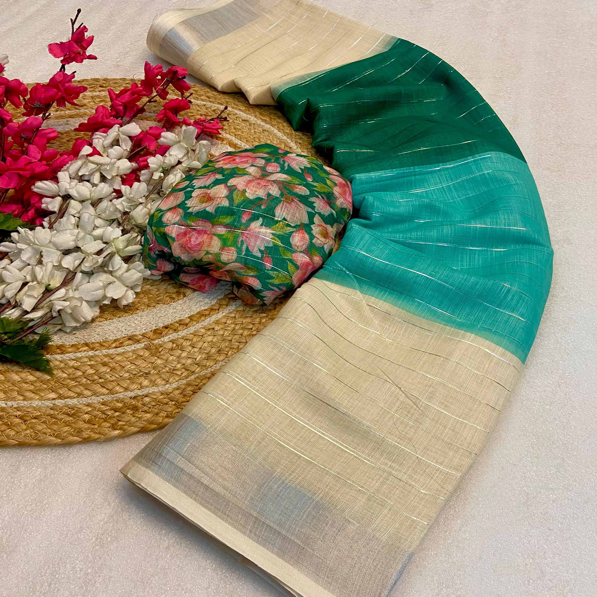 Turquoise Zari Weaving Linen Saree