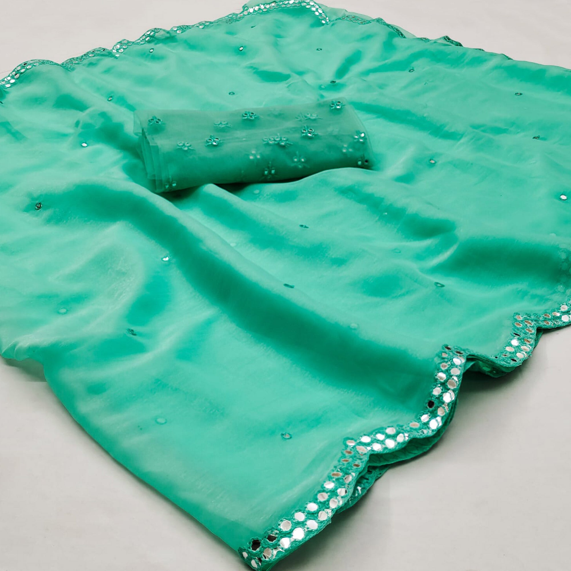 Sea Green Mirror Work Organza Saree