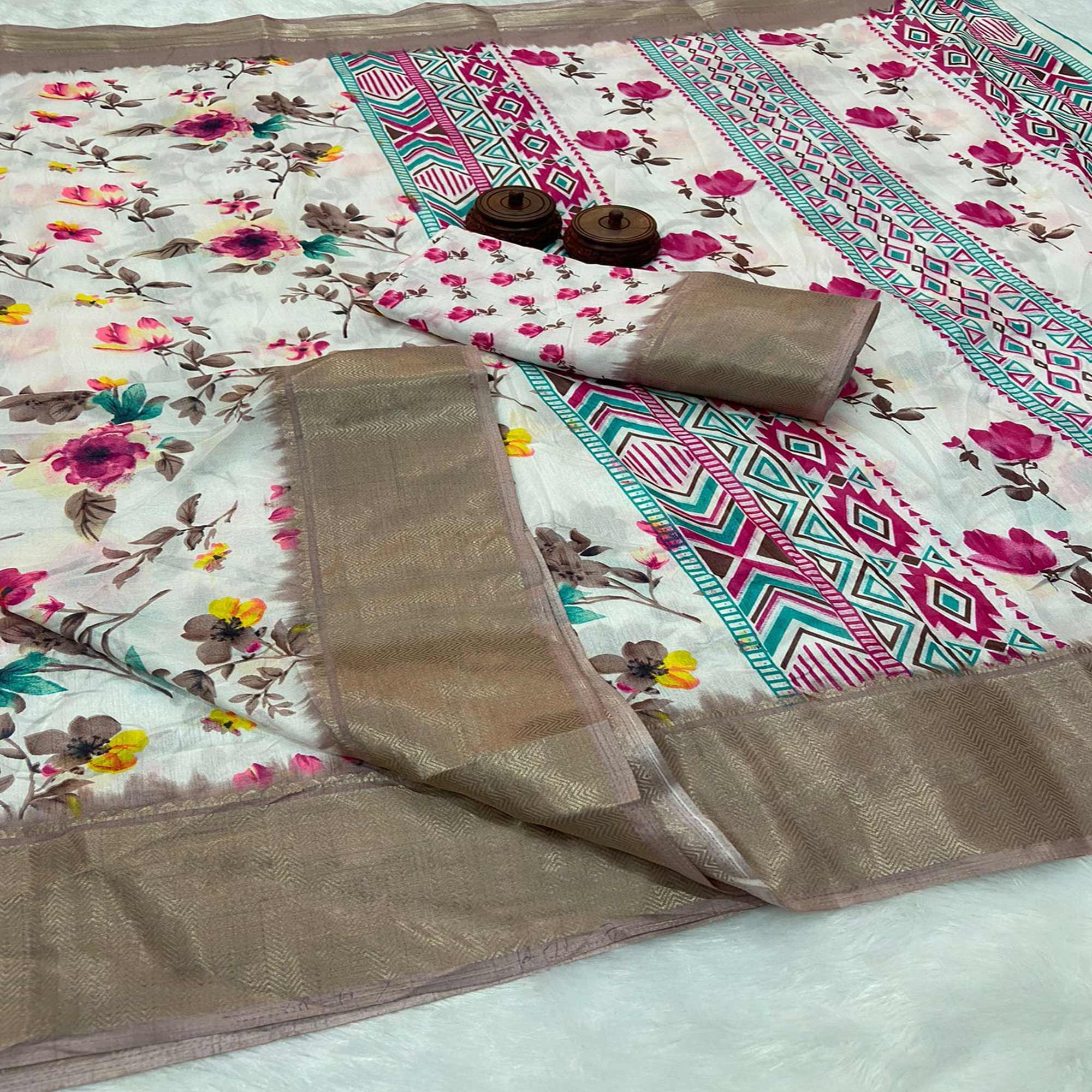 White & Pink Floral Printed Dola Silk Saree With Zari Border