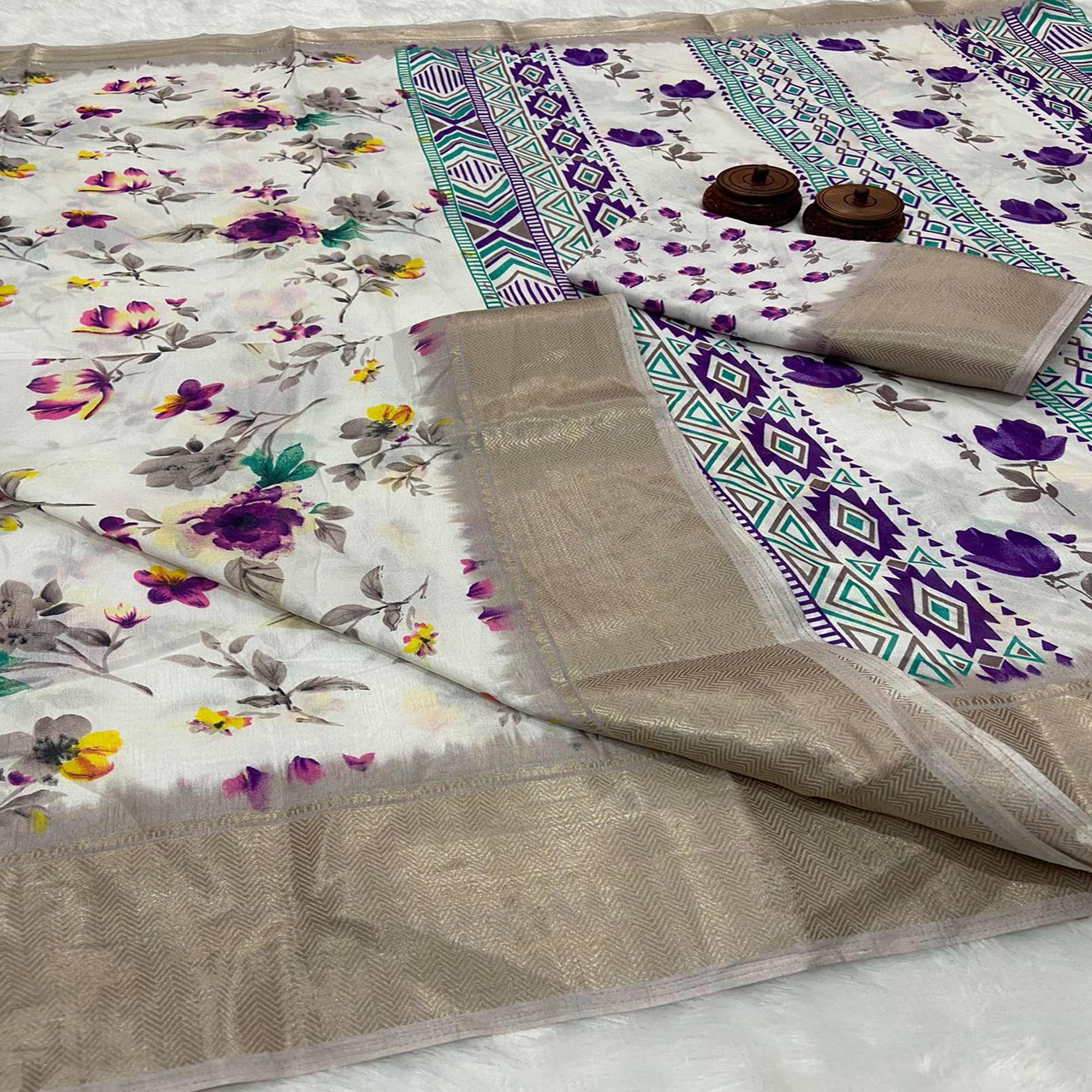 White & Purple Floral Printed Dola Silk Saree With Zari Border