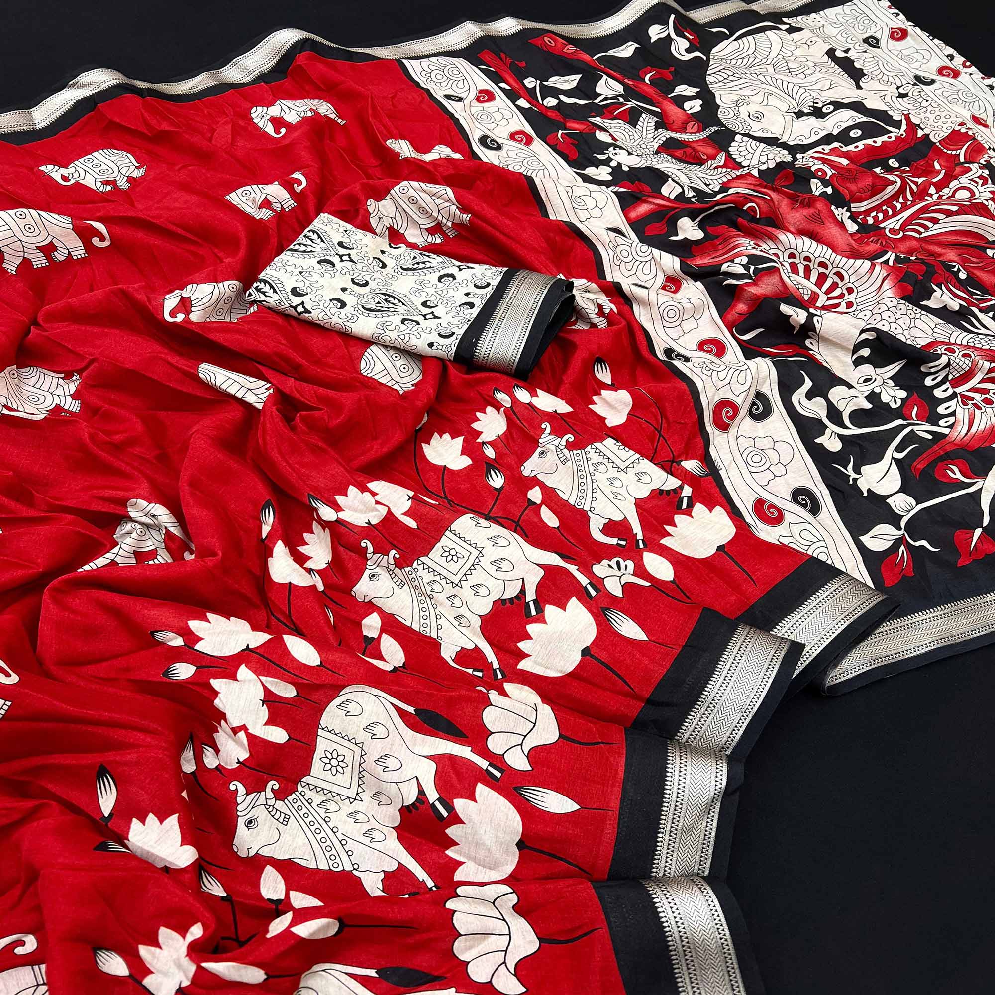 Red Pichwai-Inspired Kalamkari Print on Soft Pure Cotton Saree