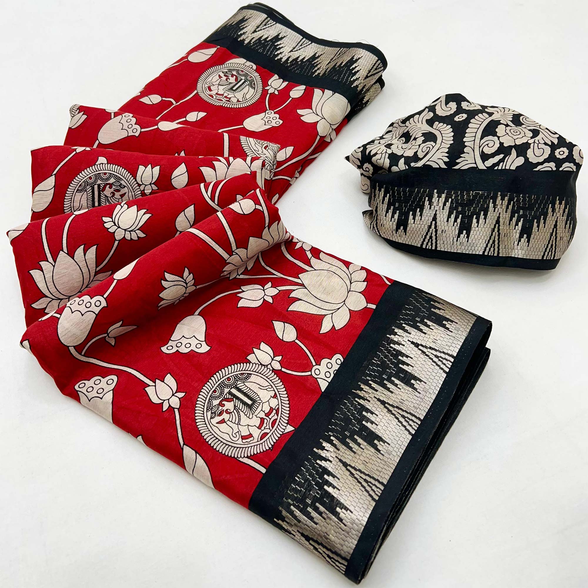 Red & Off White Pichwai-Inspired Kalamkari Print on Soft Pure Cotton Saree