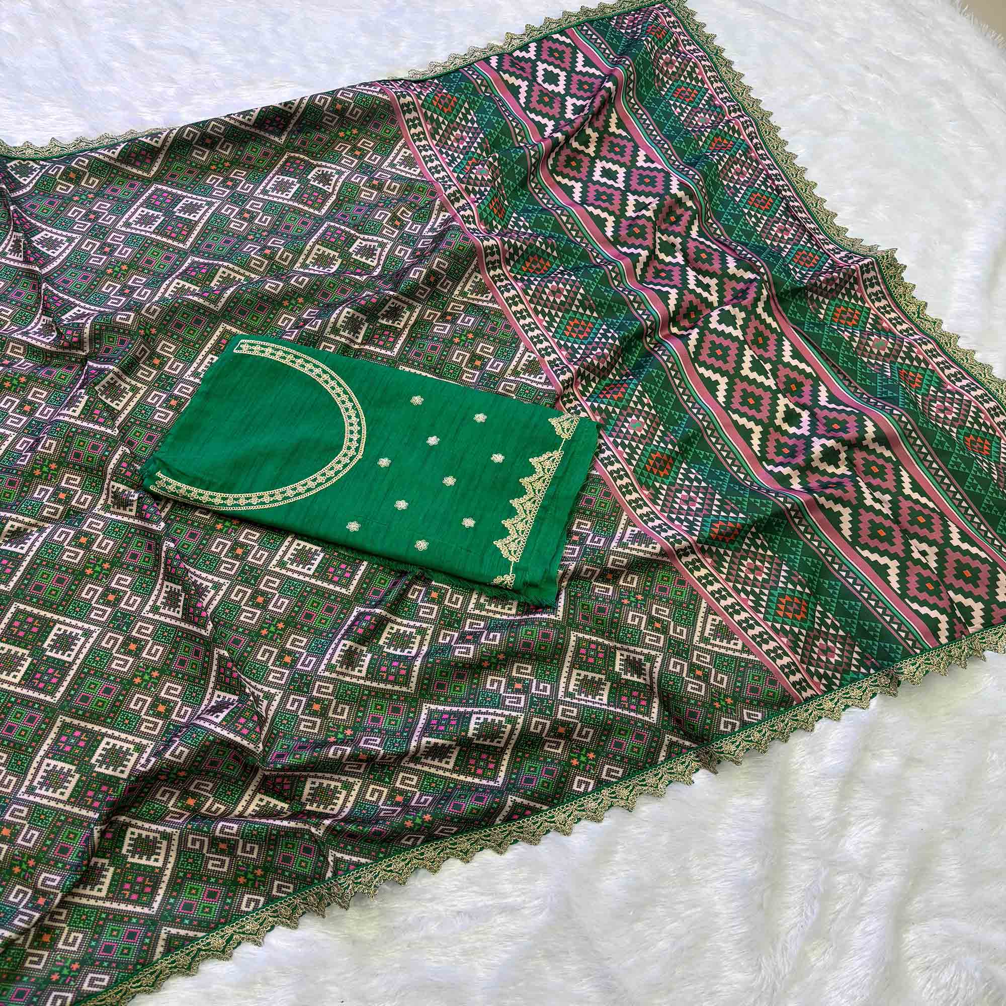 Green Printed Patola Tussar Silk Saree