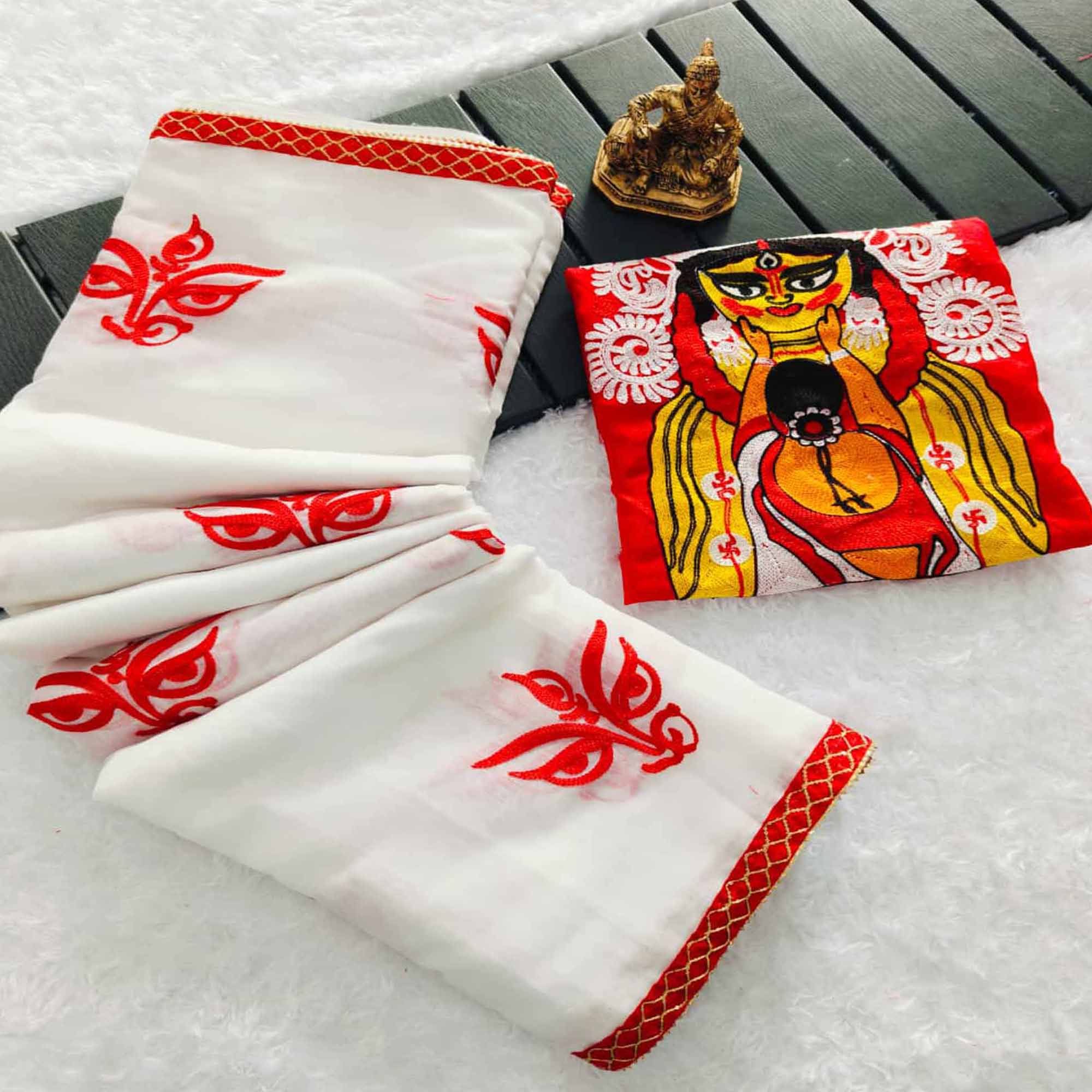White Linen Saree with Exquisite Heavy Embroidery for Durga Puja Look