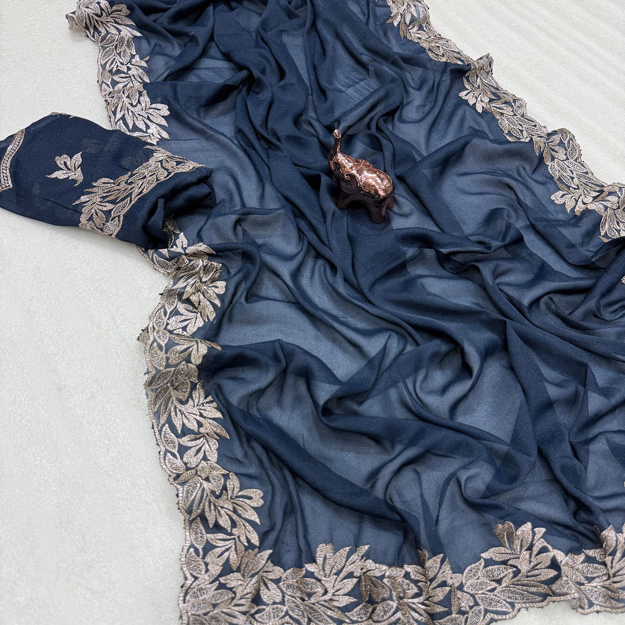 Stylish Blue Star Chiffon Saree with Traditional Zari Embellished Border