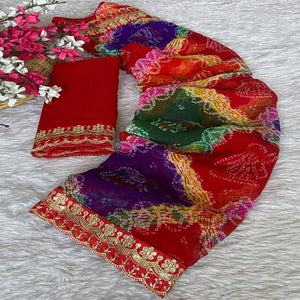 Red Georgette Saree with Bandhani Motifs and Elegant Border Embroidery