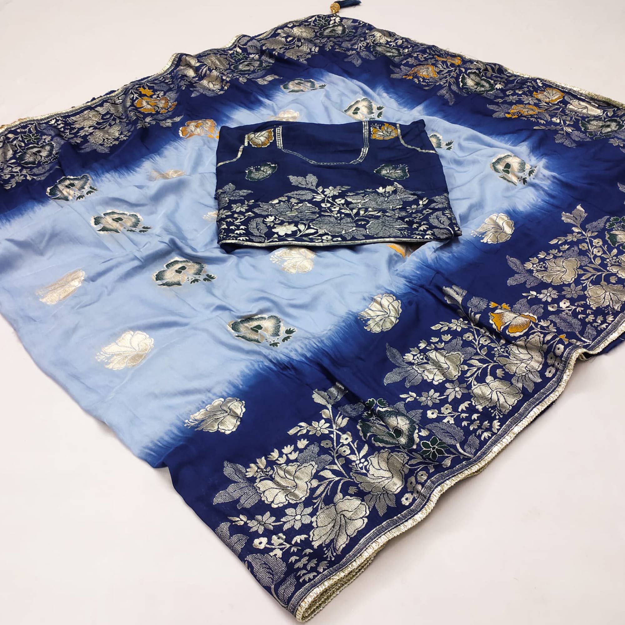 Blue Floral Woven Pure Silk Saree With Tassels