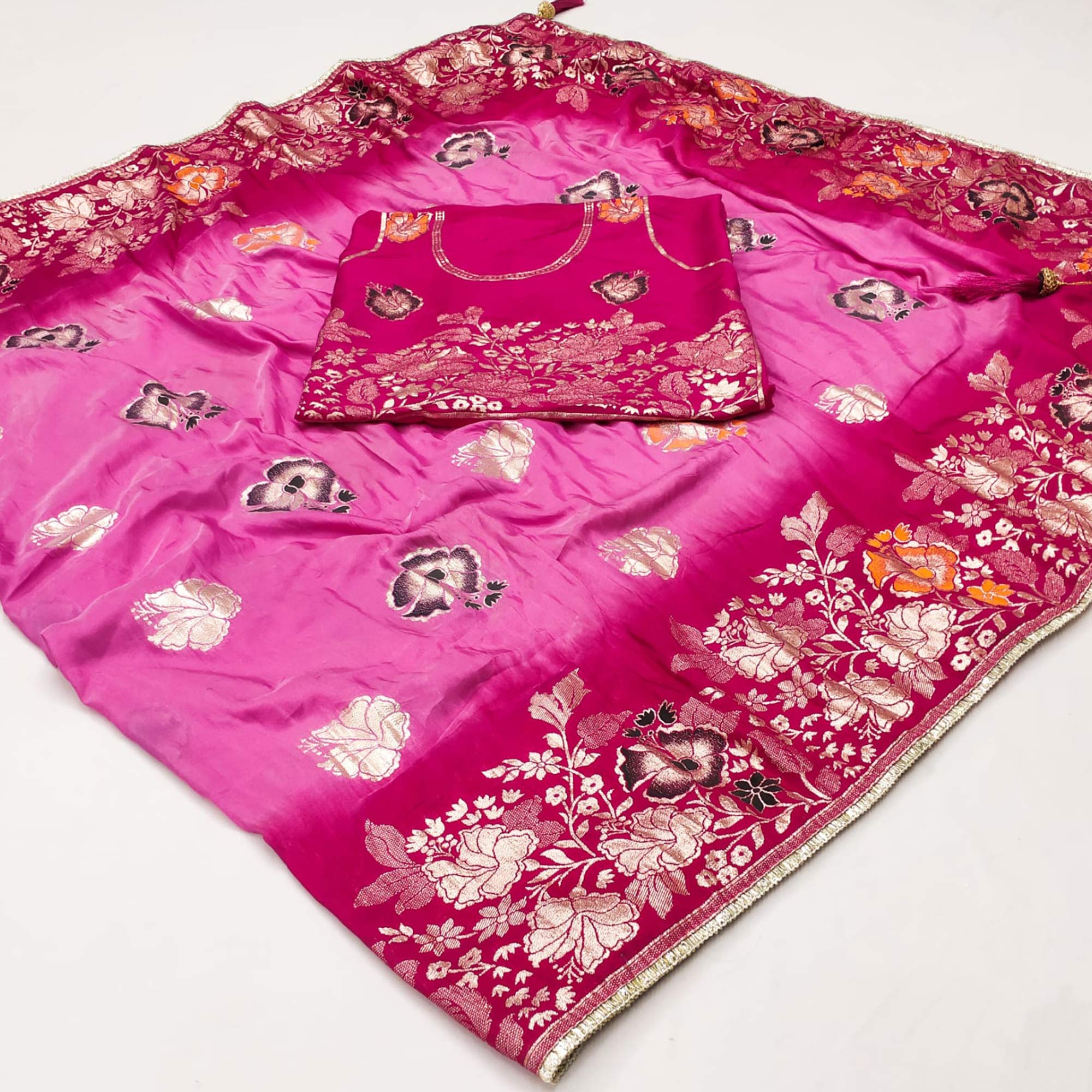 Pink Floral Woven Pure Silk Saree With Tassels