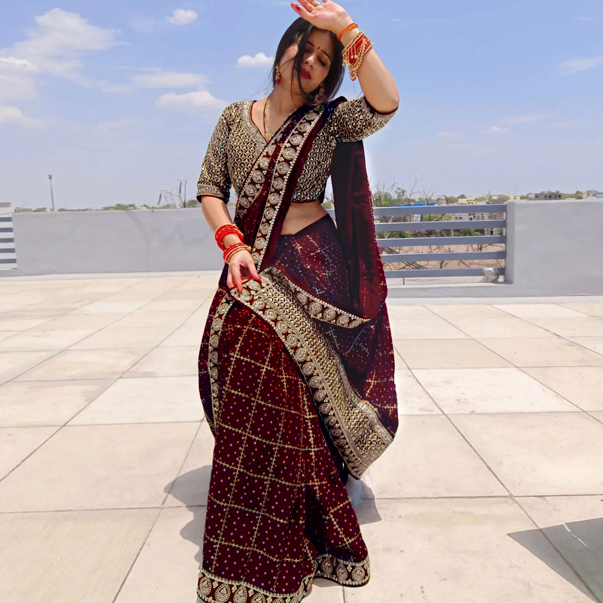 Maroon Printed With Embroidered Border Vichitra Silk Saree