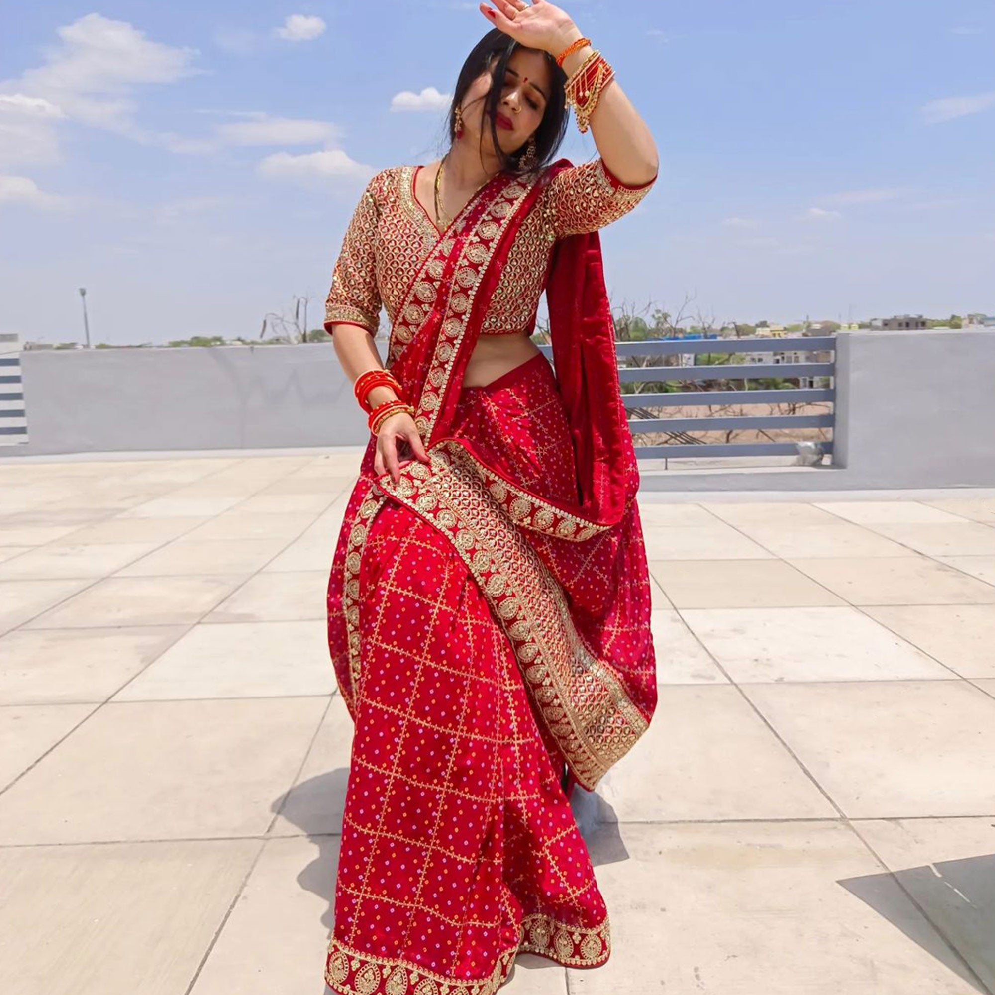 Red Printed With Embroidered Border Vichitra Silk Saree