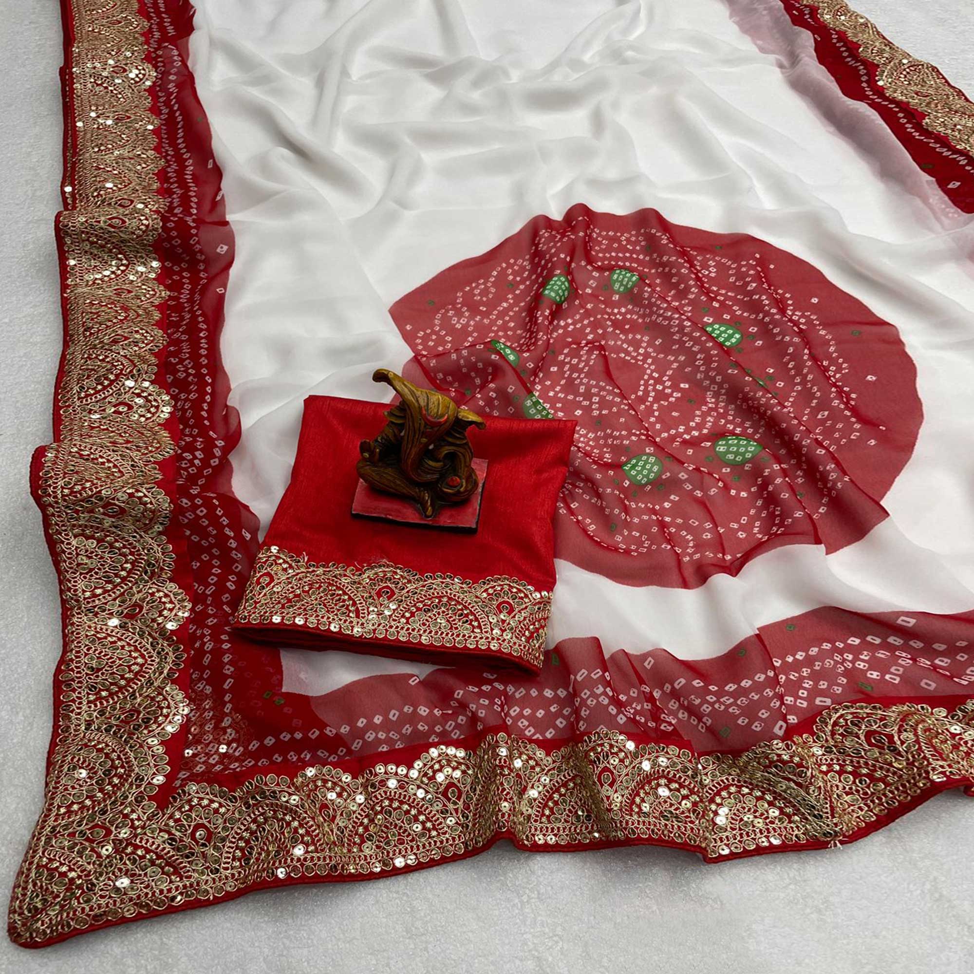 White & Red Bandhani Printed With Sequins Embroidered Georgette Saree