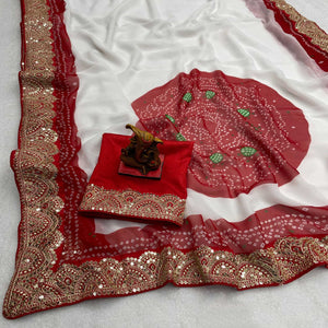 White & Red Bandhani Printed With Sequins Embroidered Georgette Saree