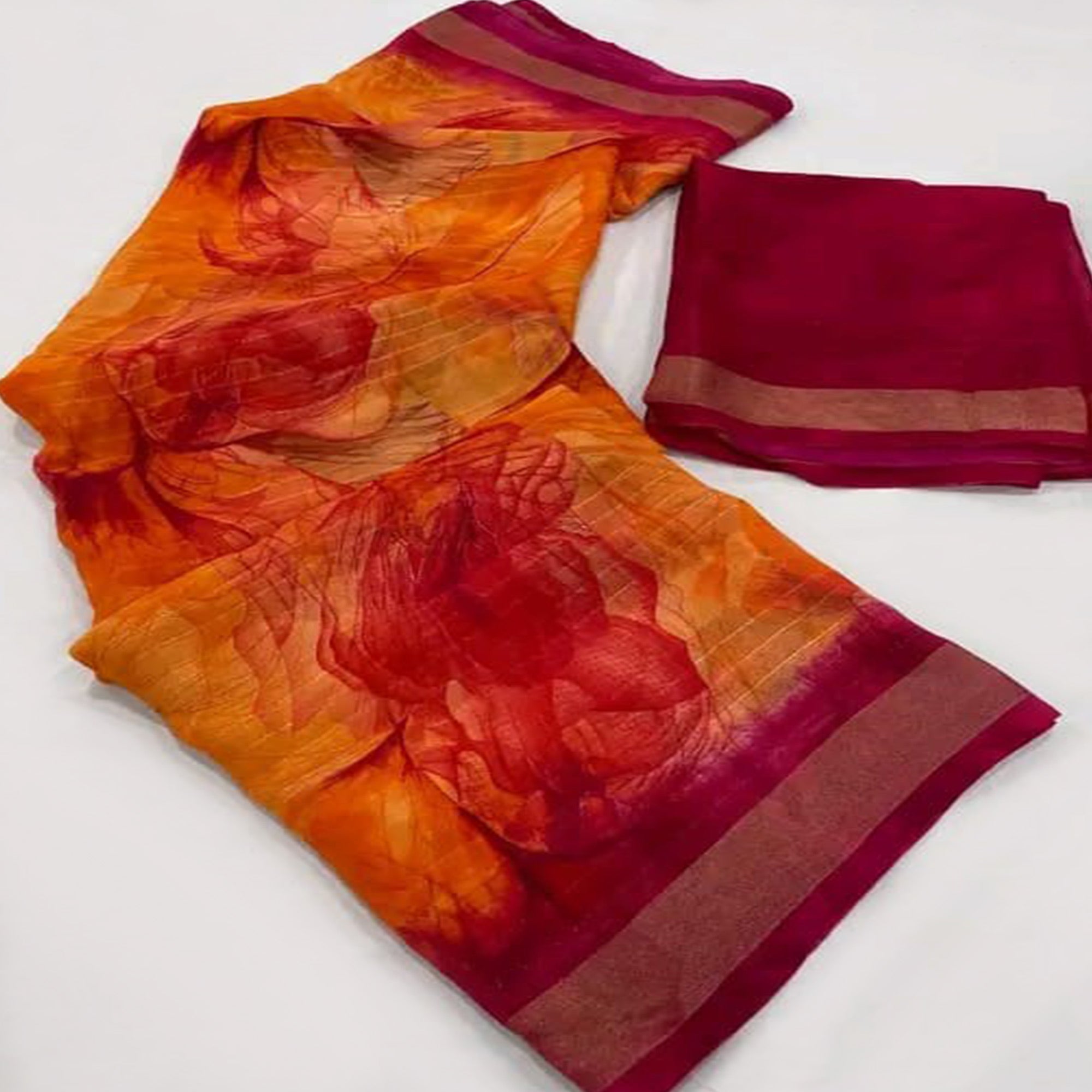 Orange & Pink Printed With Woven Chiffon Saree