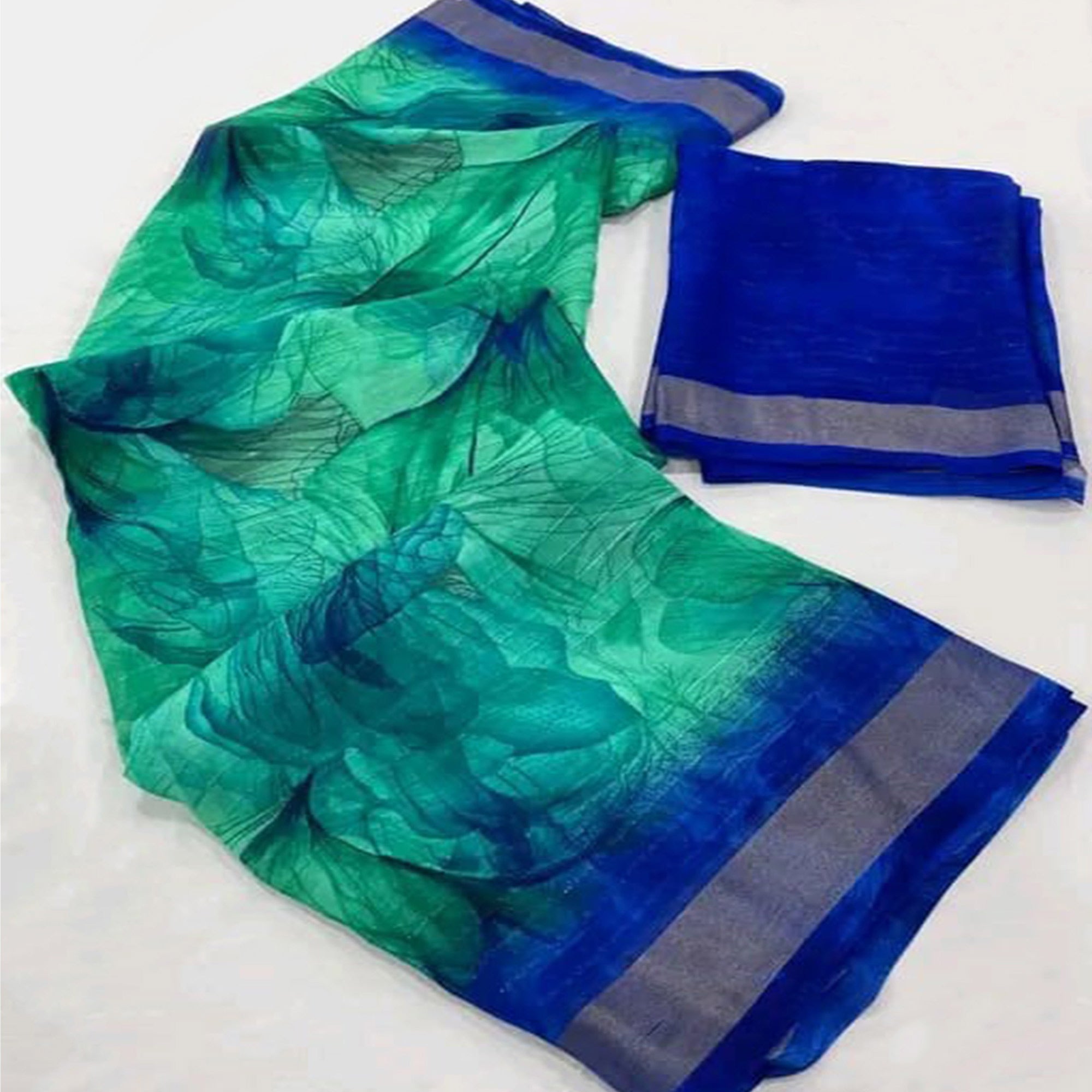 Turquoise & Blue Printed With Woven Chiffon Saree