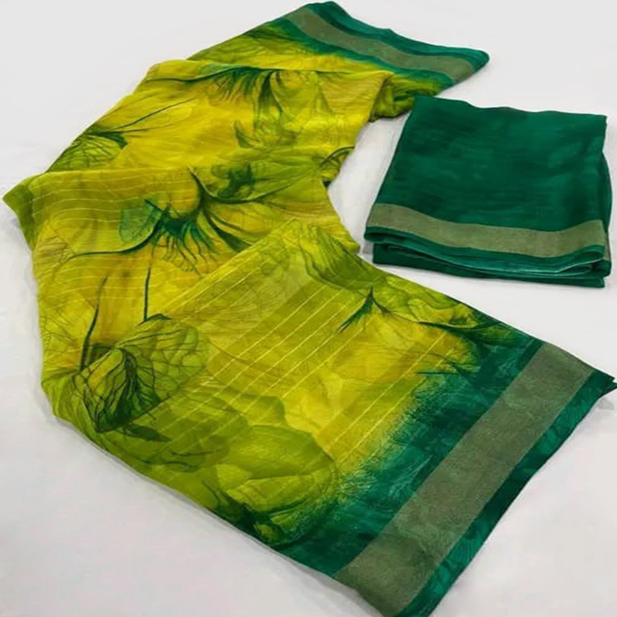 Yellow & Green Printed With Woven Chiffon Saree