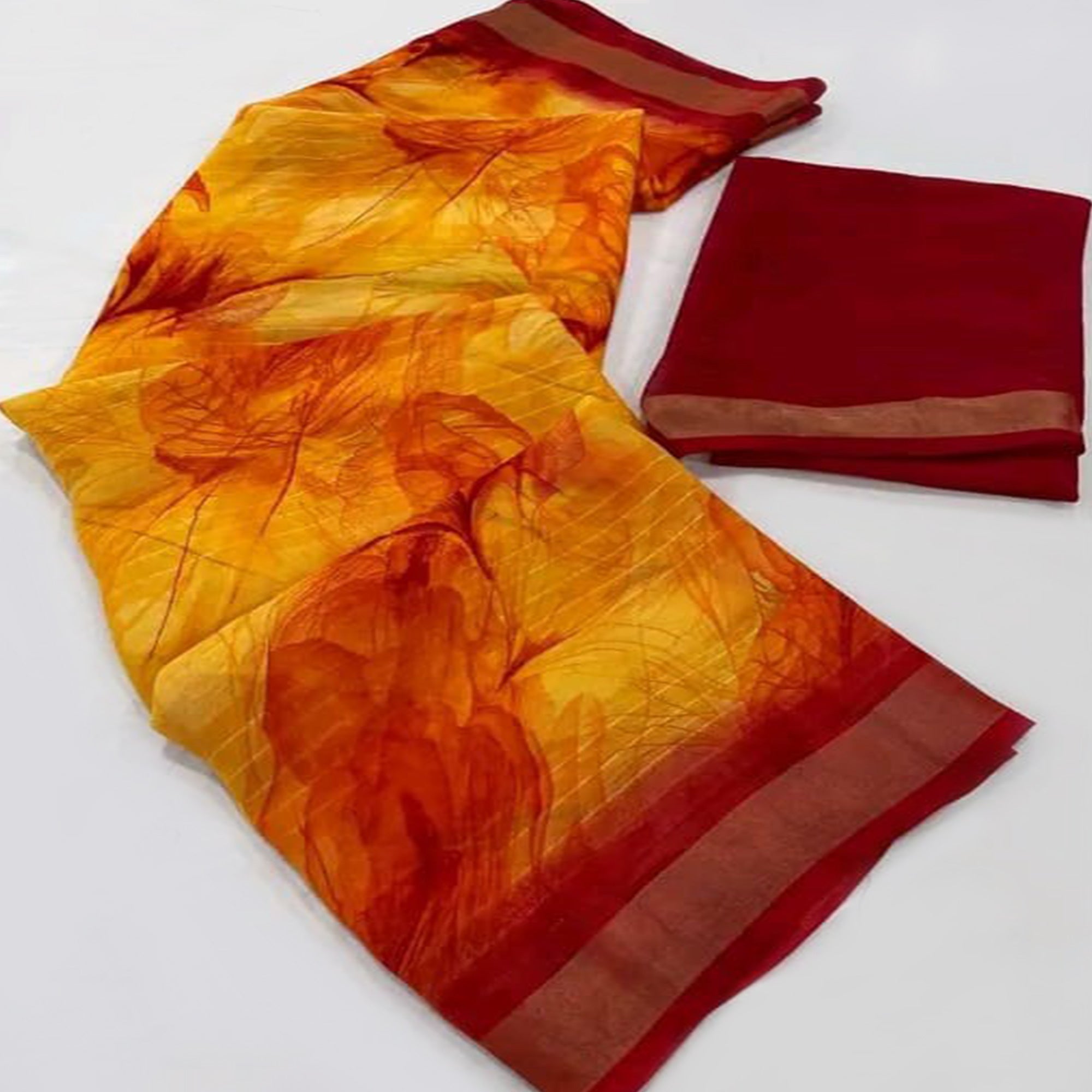 Yellow & Red Printed With Woven Chiffon Saree