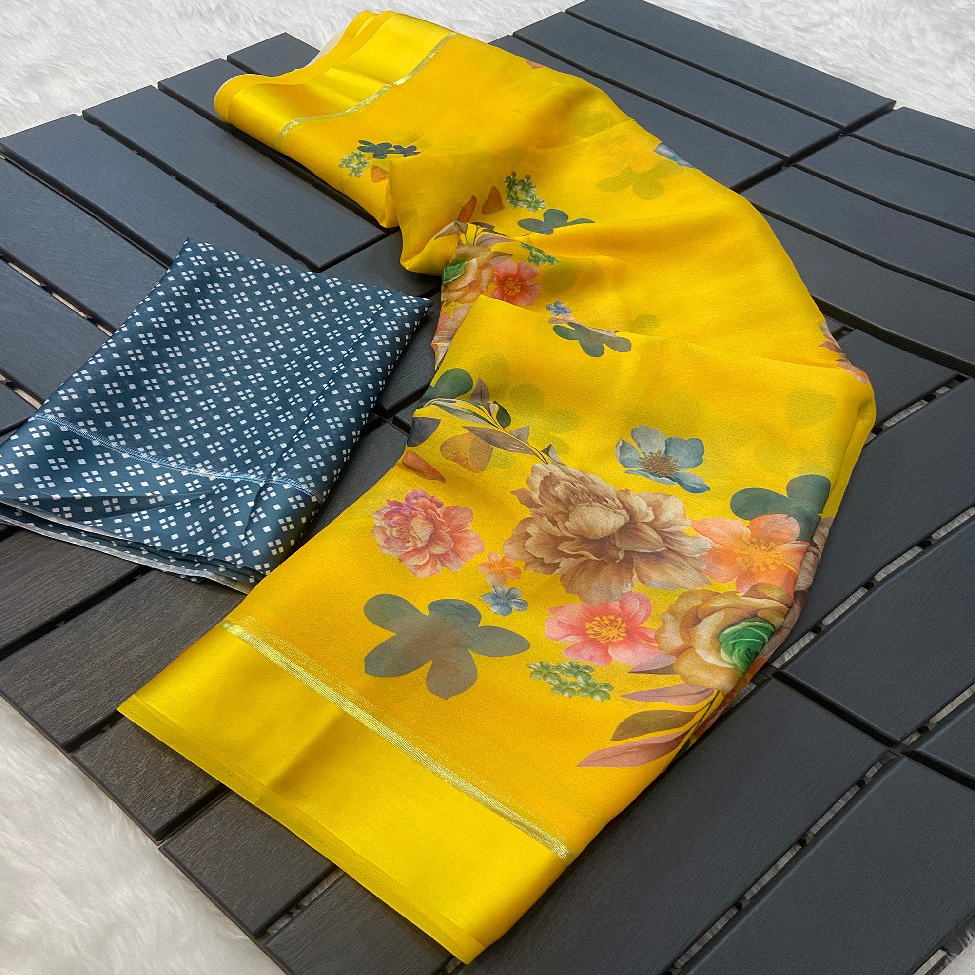 Yellow Floral Printed Chiffon Saree