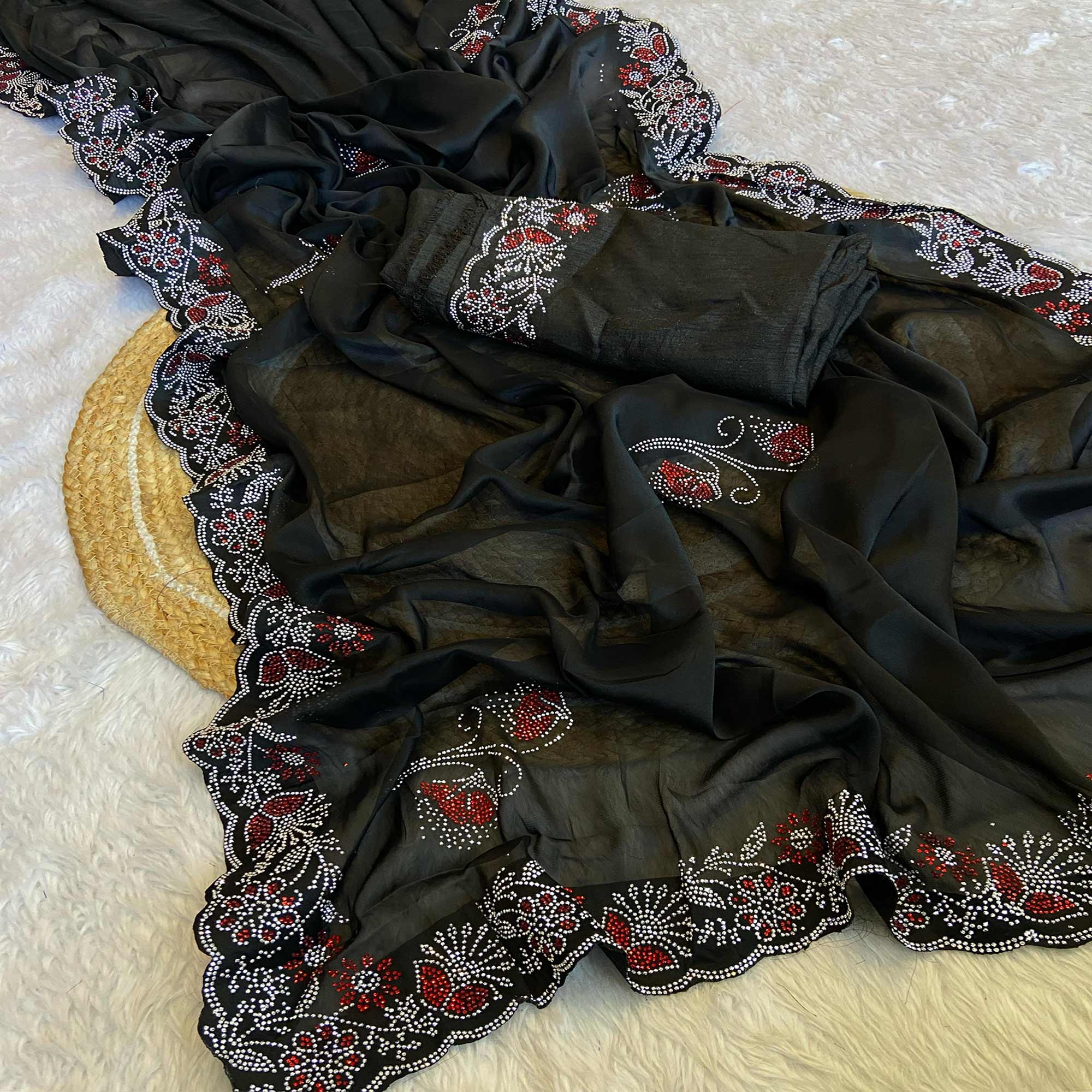 Black Floral Swarovski Work Rangoli Art Silk Saree