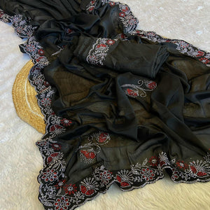 Black Floral Swarovski Work Rangoli Art Silk Saree