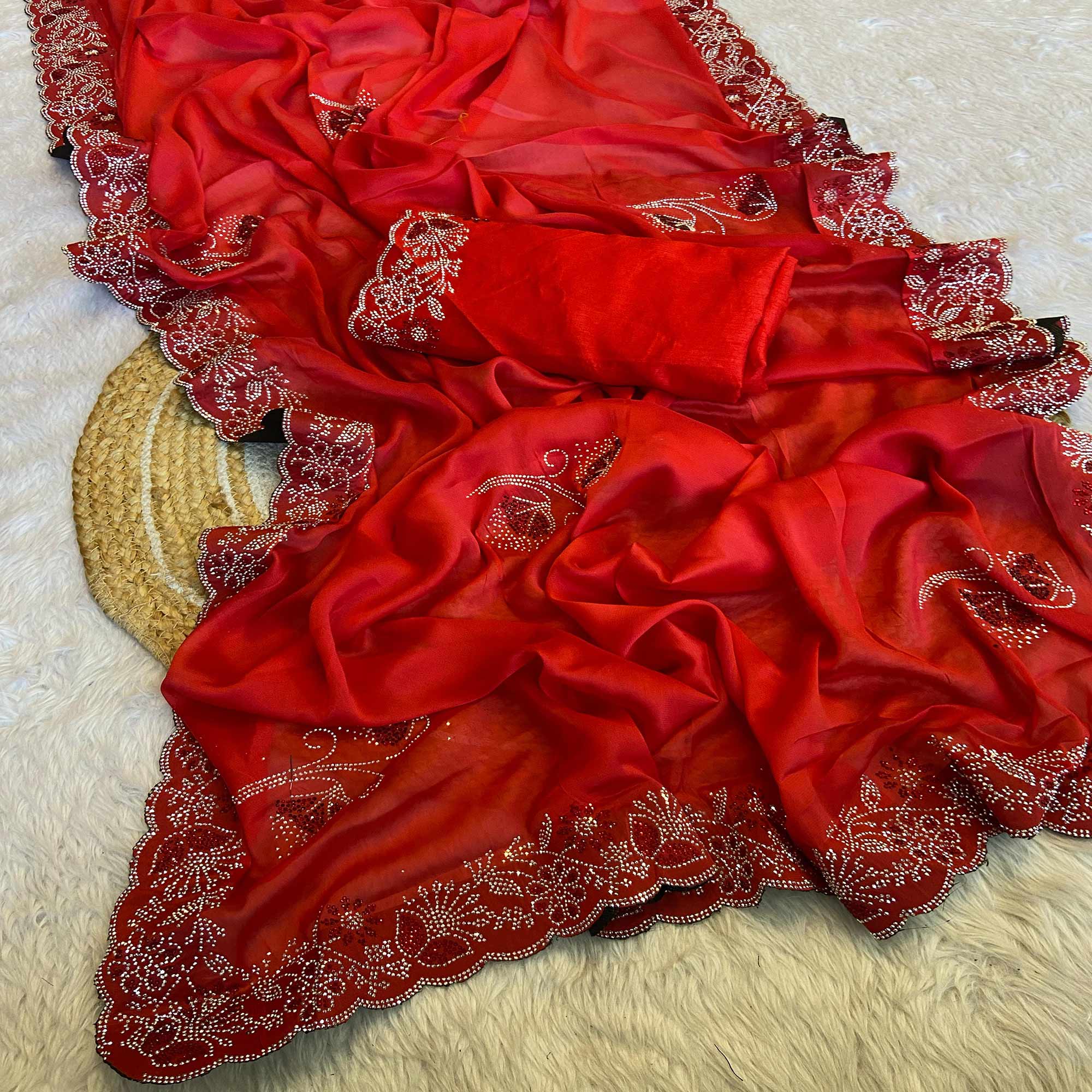 Red Floral Swarovski Work Rangoli Art Silk Saree