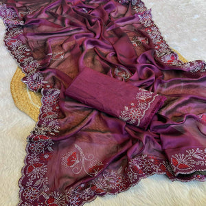 Wine Floral Swarovski Work Rangoli Art Silk Saree