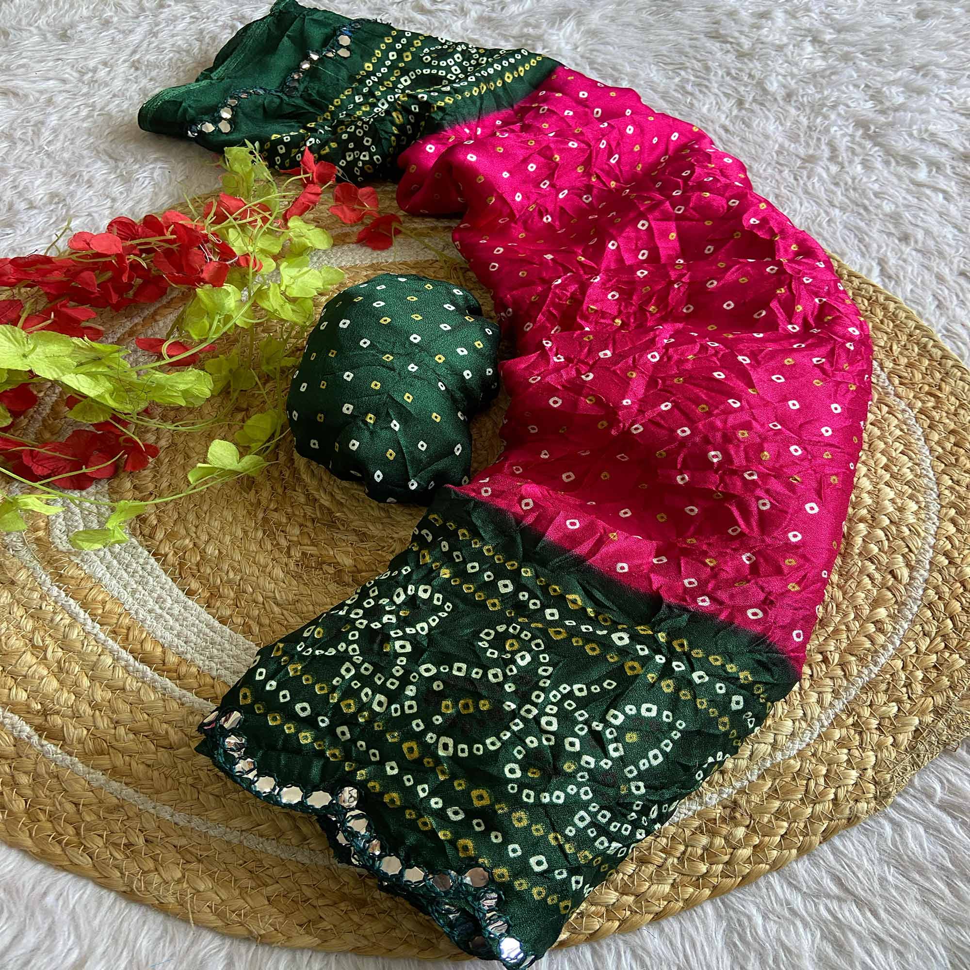 Pink Moss Chiffon Saree Featuring Classic Bandhani Print for a Timeless Look