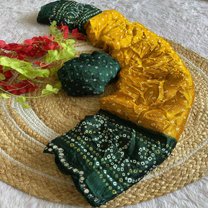 Mustard Moss Chiffon Saree Featuring Classic Bandhani Print for a Timeless Look
