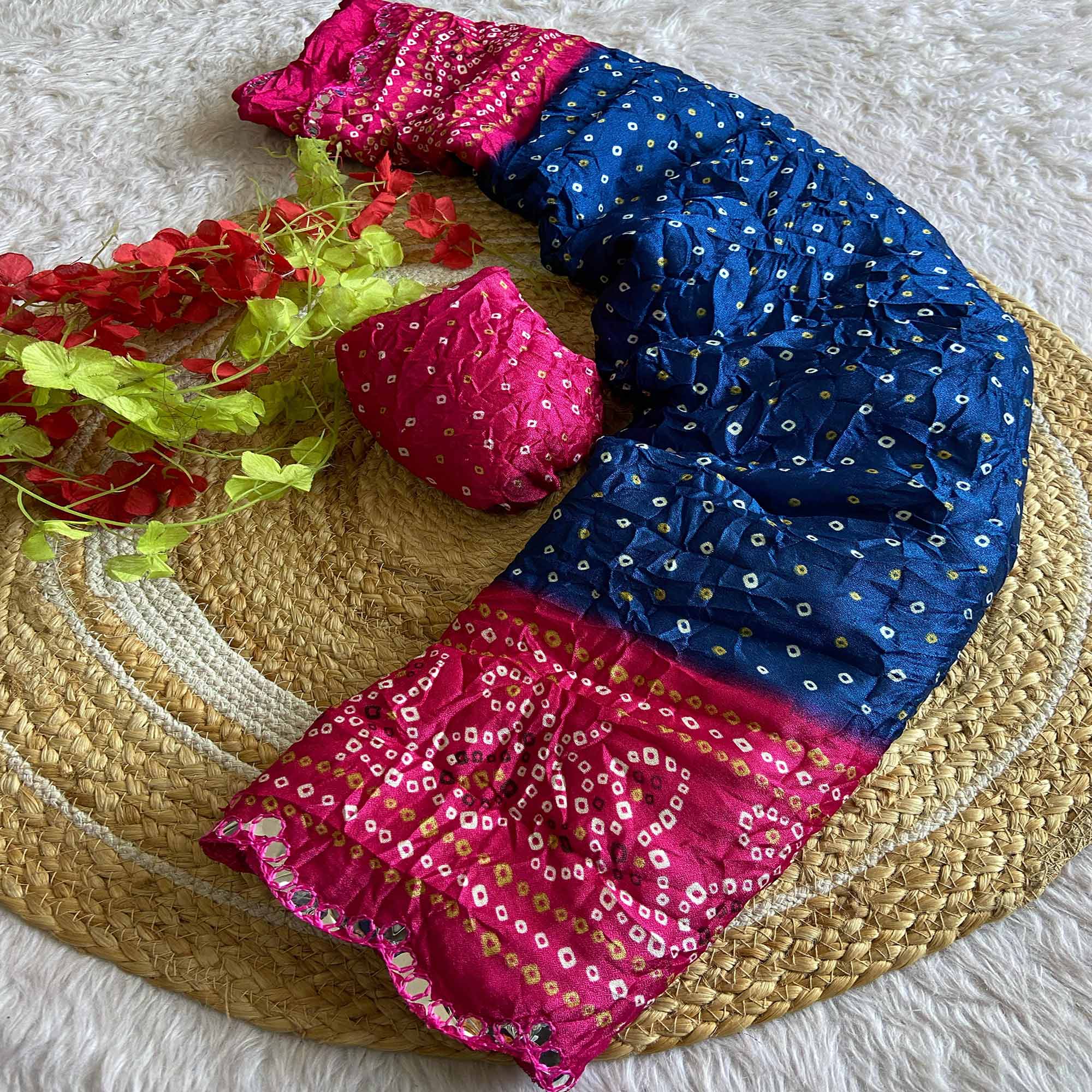 Blue Moss Chiffon Saree Featuring Classic Bandhani Print for a Timeless Look