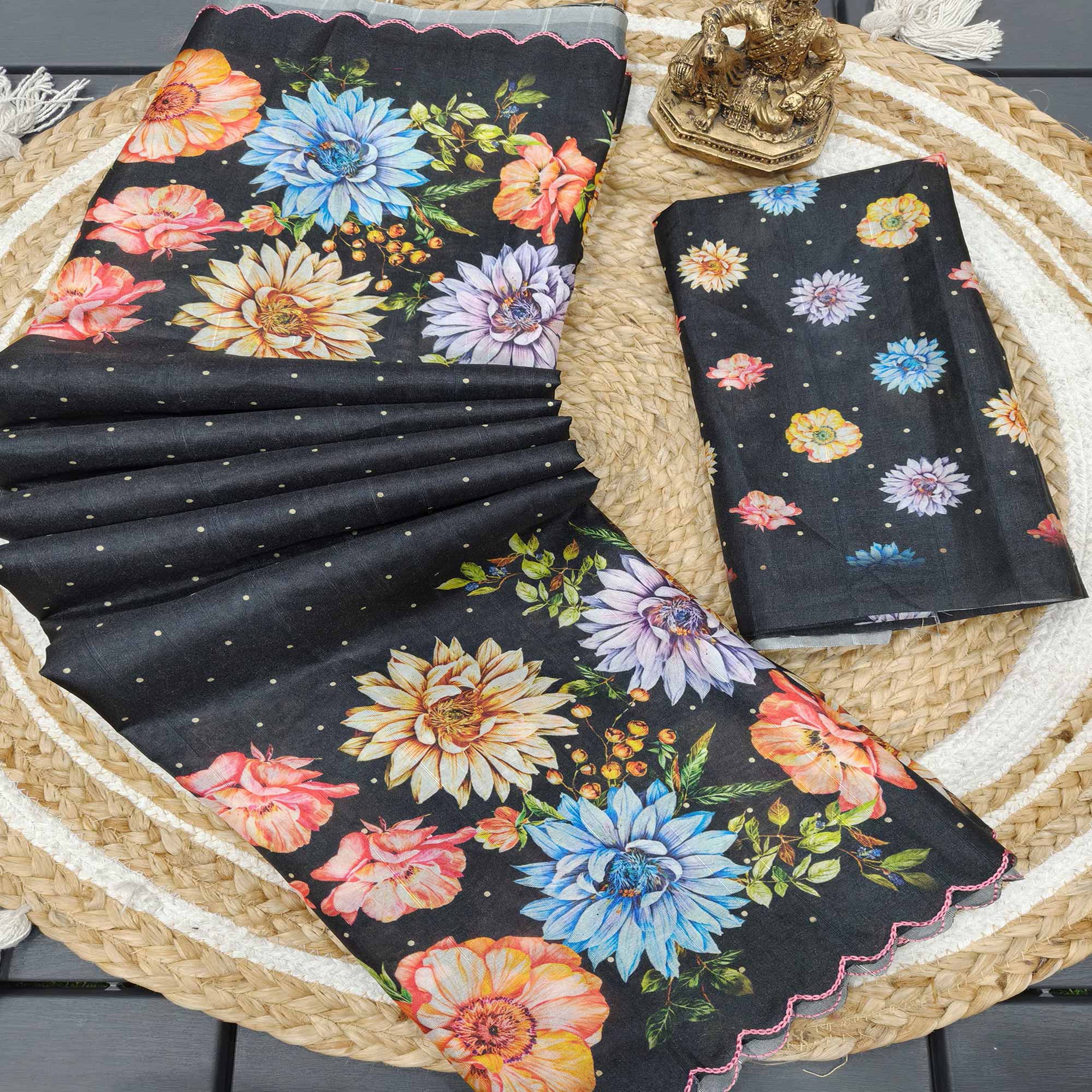 Black Silk Blend Saree with Contemporary Floral Digital Print