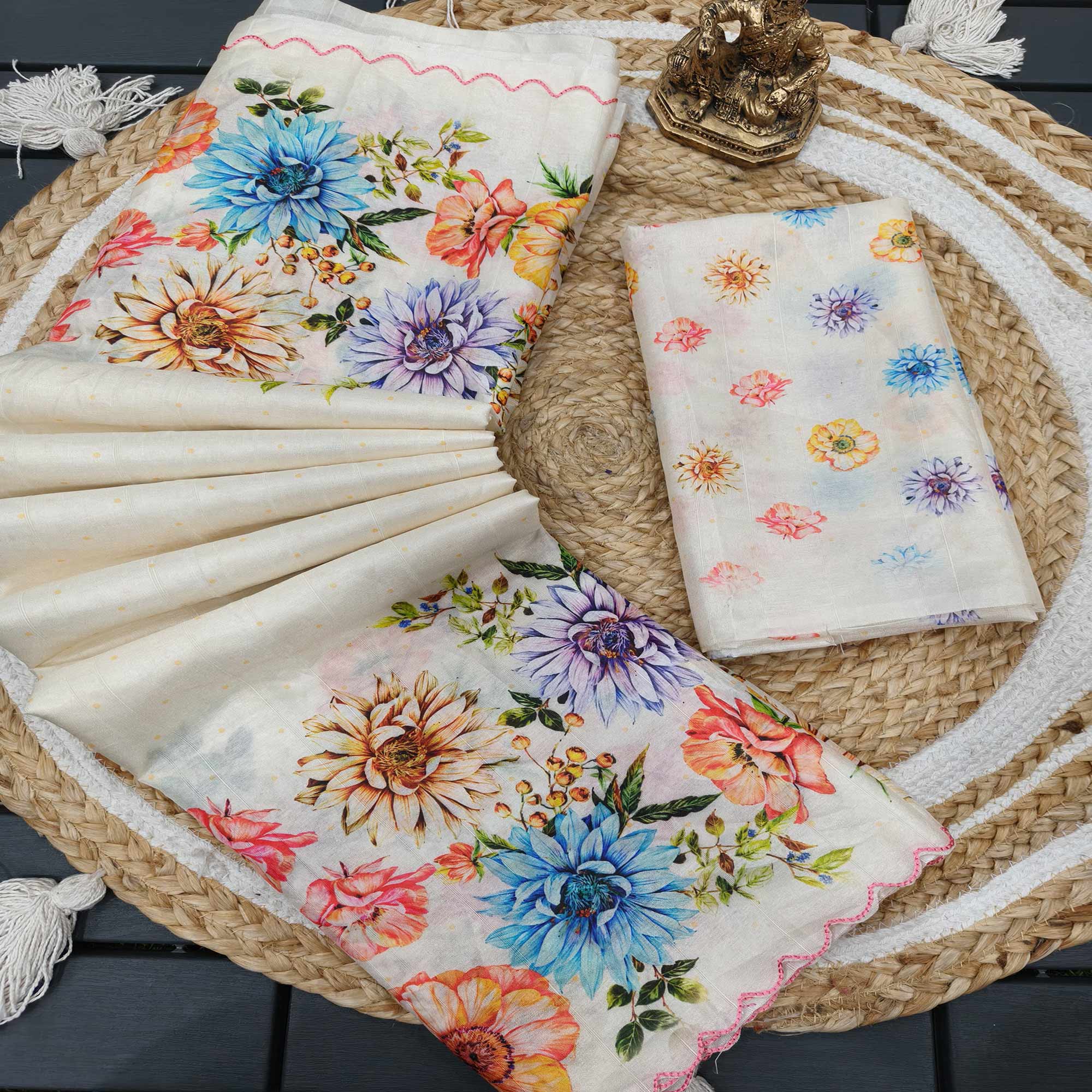 Off White Silk Blend Saree with Contemporary Floral Digital Print