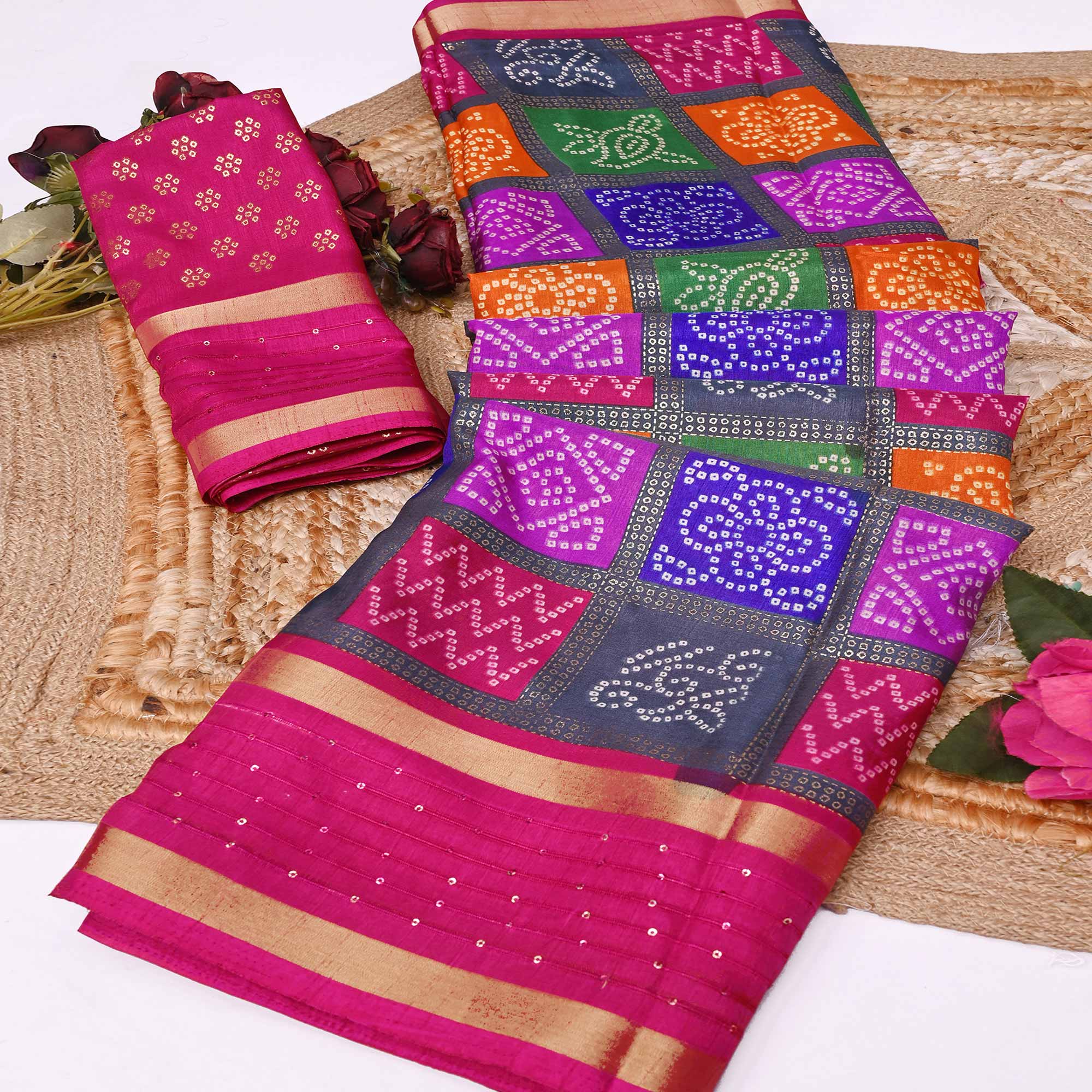 Vibrant Multicolor Dola Silk Saree Highlighted with Foil Bandhani and Woven Borders