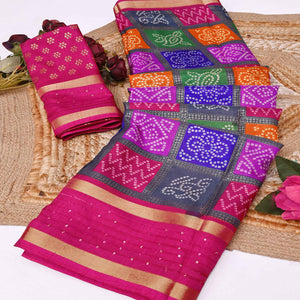 Vibrant Multicolor Dola Silk Saree Highlighted with Foil Bandhani and Woven Borders