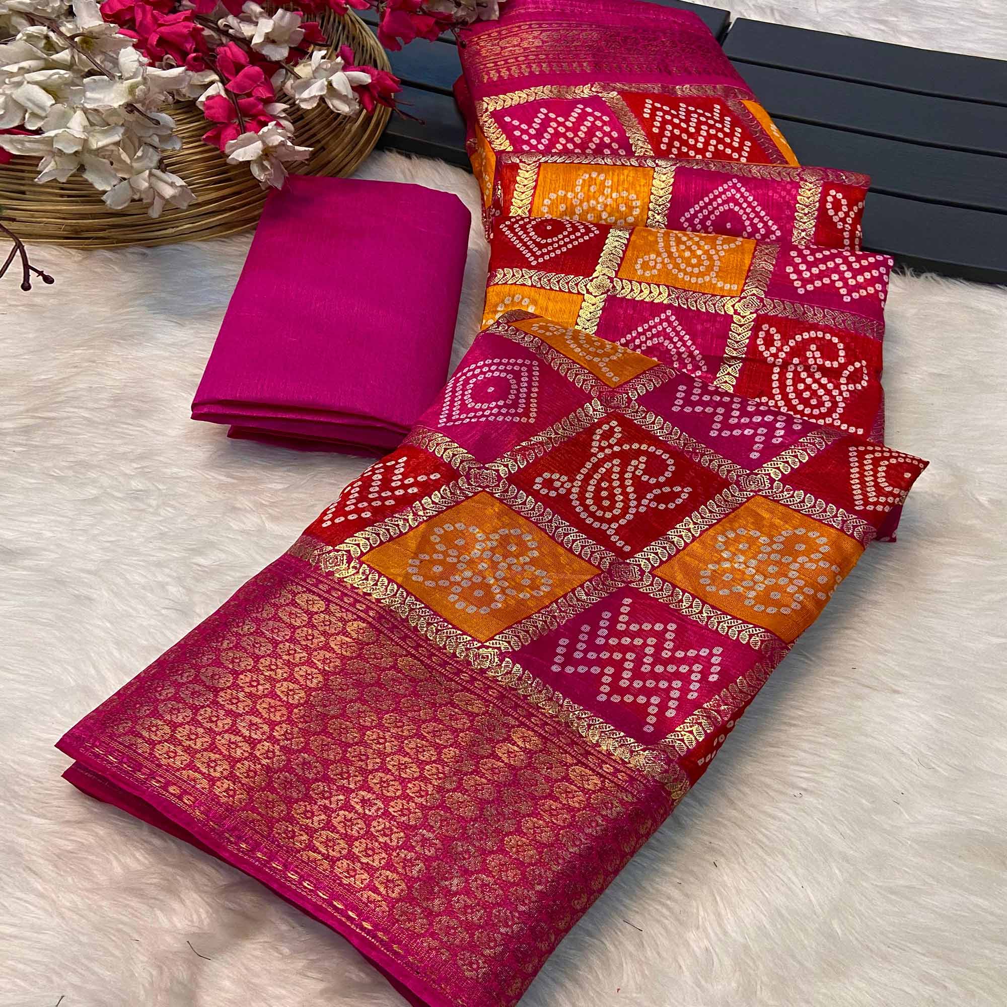 Pink & Orange Bandhani Foil Printed Dola Silk Saree With Woven Border
