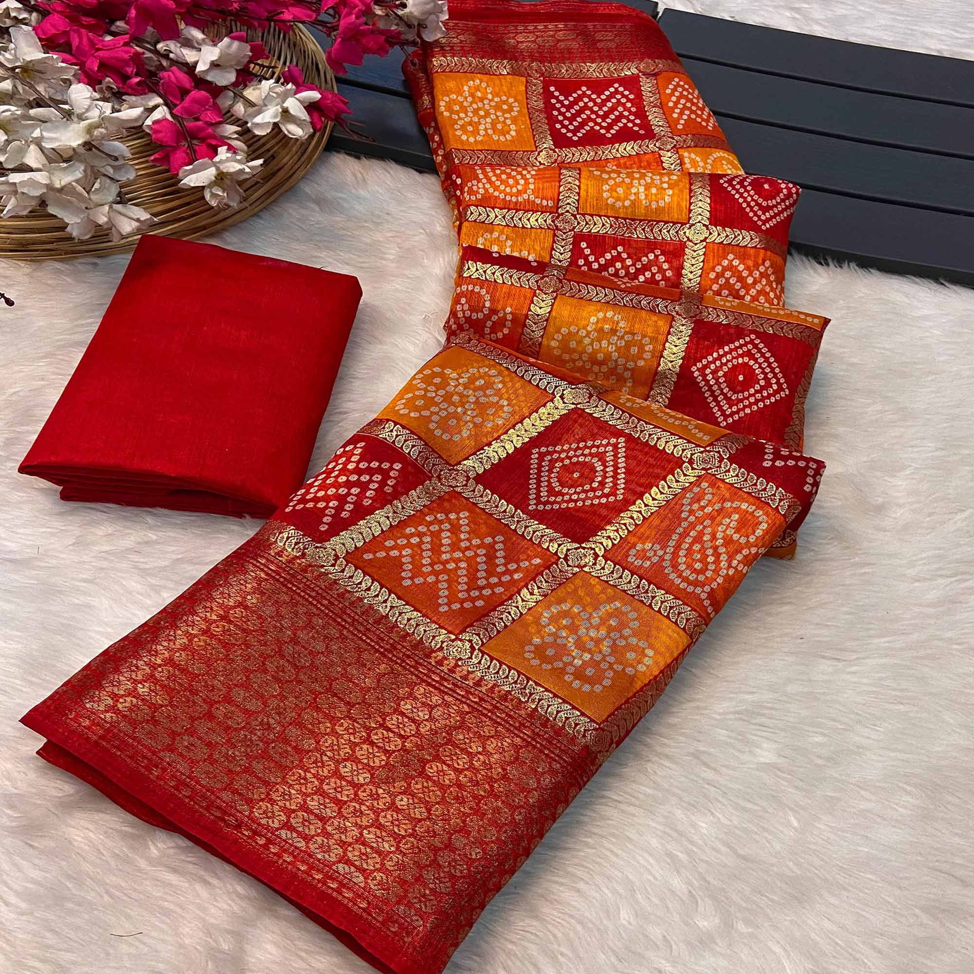 Red & Orange Bandhani Foil Printed Dola Silk Saree With Woven Border