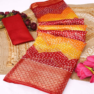 Vibrant Red & Yellow Dola Silk Saree Highlighted with Foil Bandhani and Woven Borders