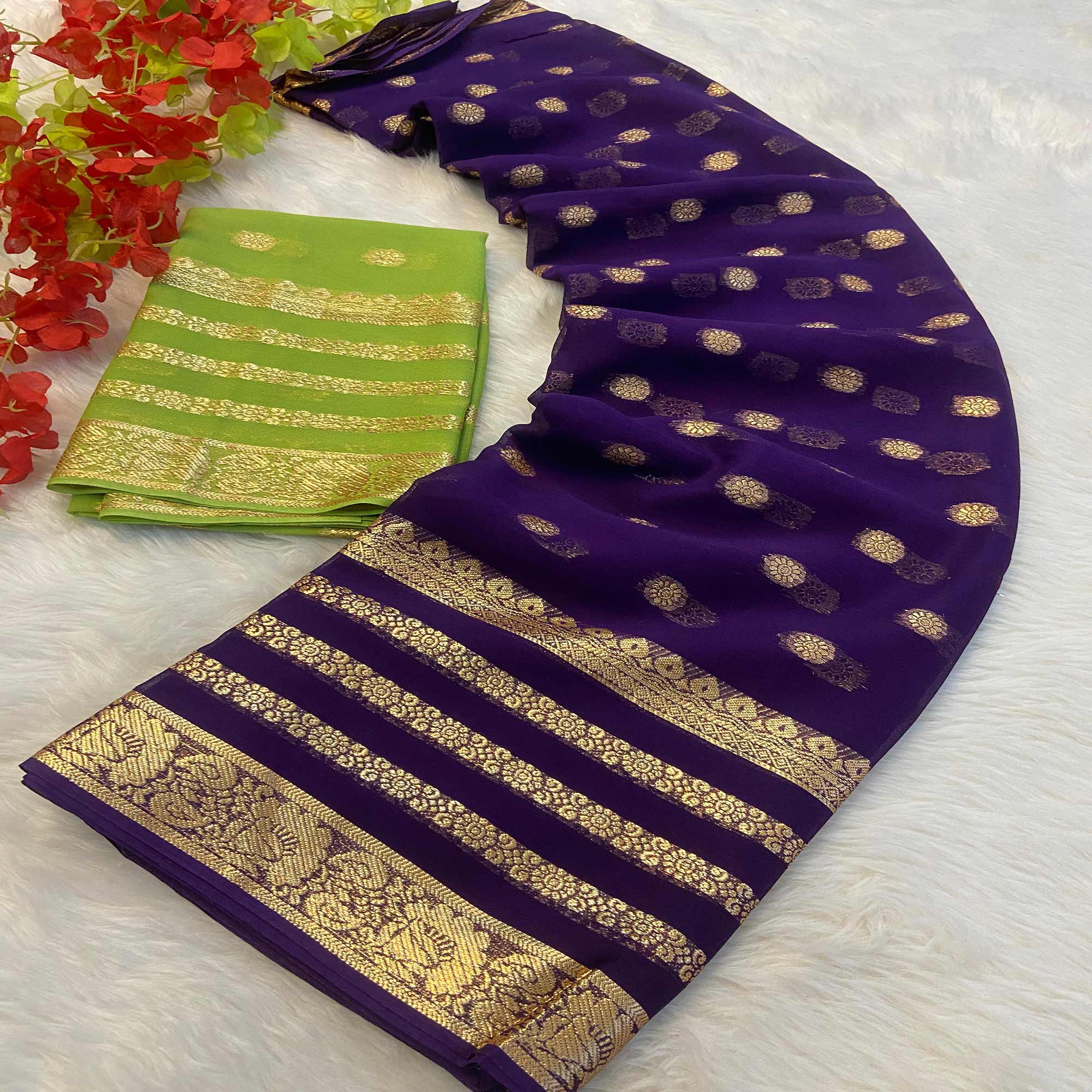 Purple Zari Weaving Georgette Saree