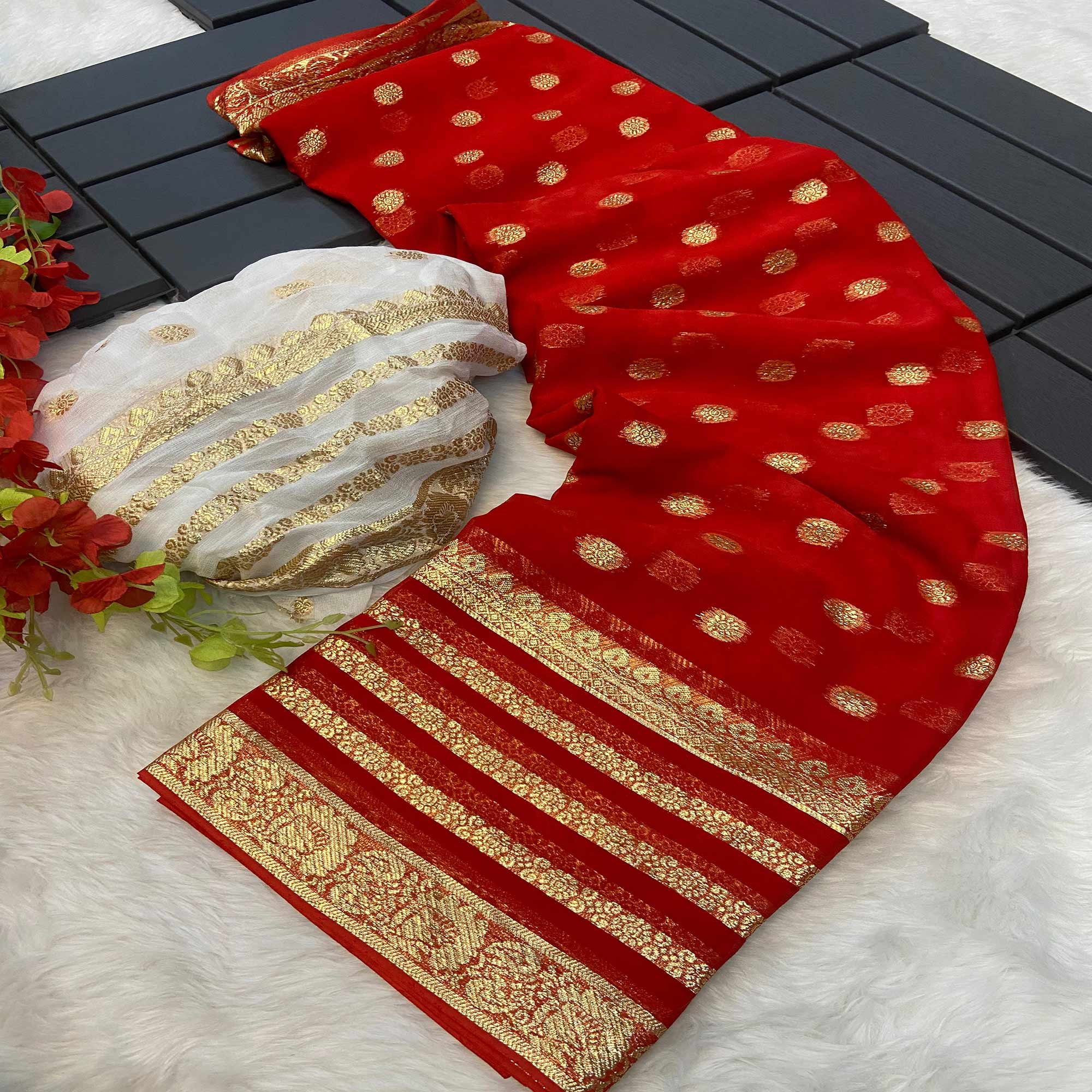 Red & White Zari Weaving Weaving Georgette Saree