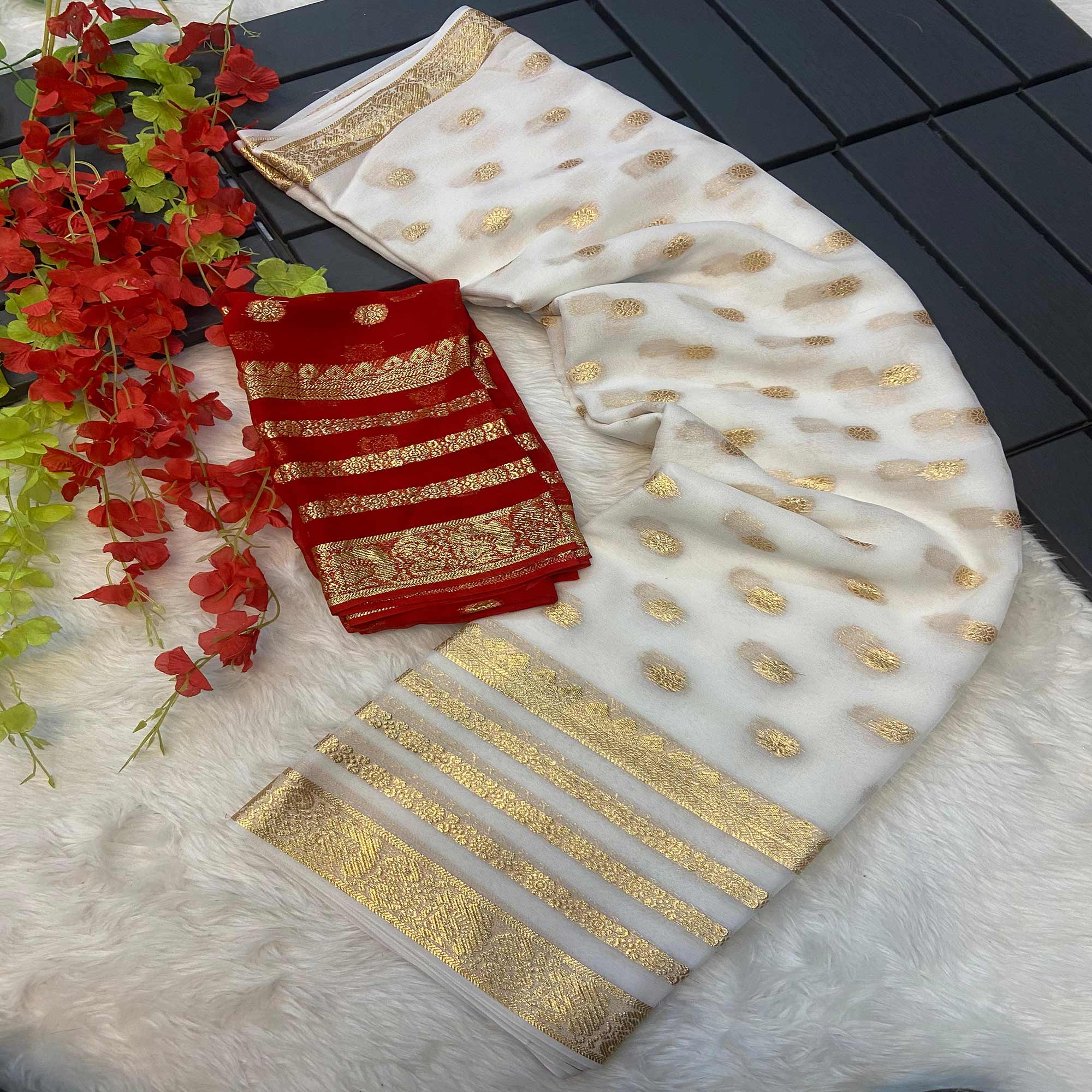 White Zari Weaving Georgette Saree