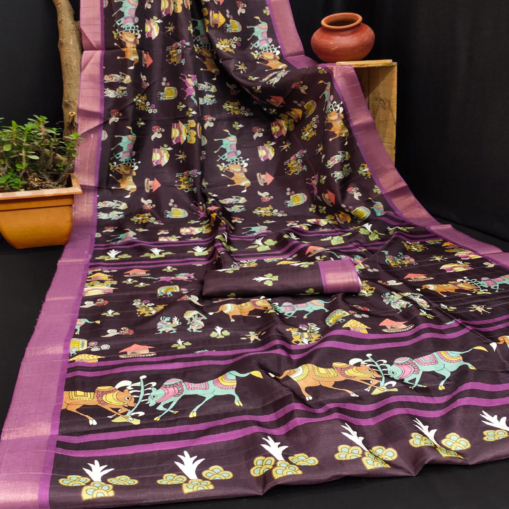 Wine Digital Printed Dola Silk Saree