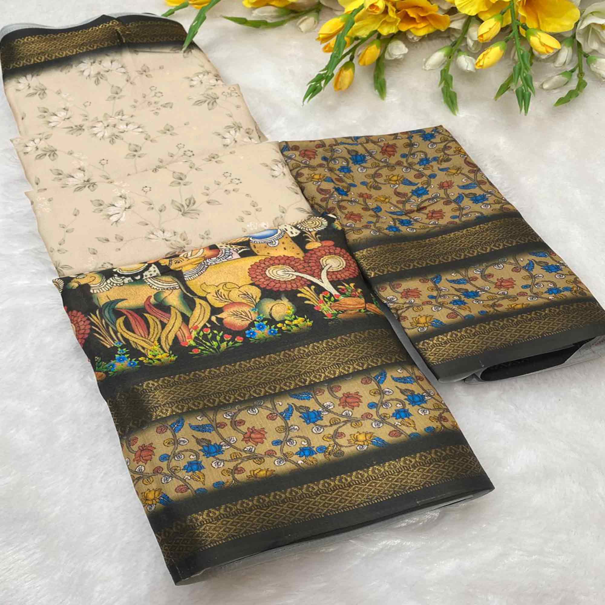 Beige Floral Moss Georgette Saree with Elegant Drape & Soft Texture