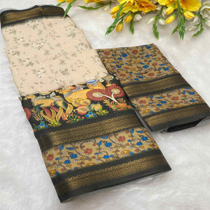 Beige Floral Moss Georgette Saree with Elegant Drape & Soft Texture