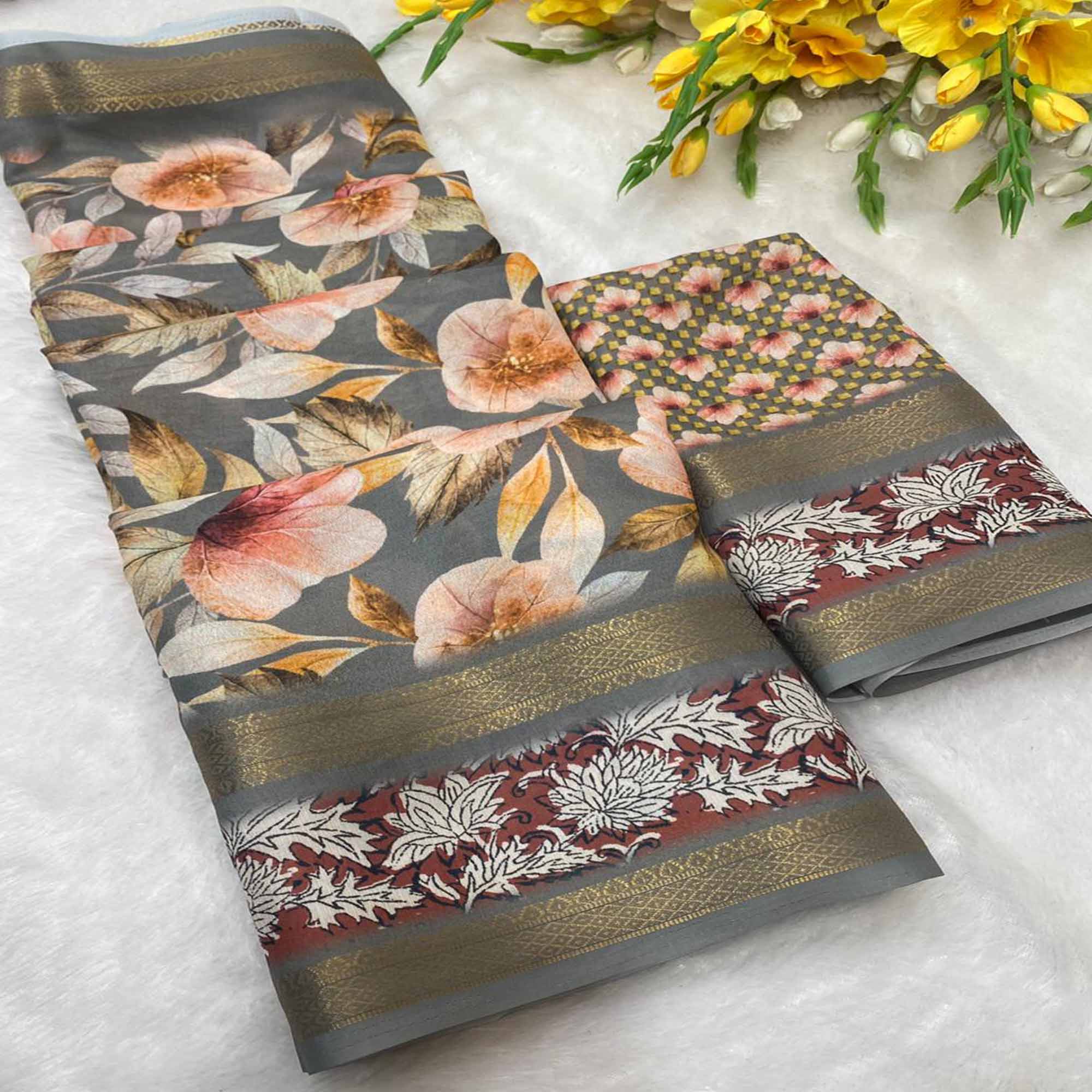 Grey Floral Moss Georgette Saree with Elegant Drape & Soft Texture