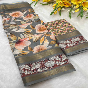 Grey Floral Moss Georgette Saree with Elegant Drape & Soft Texture