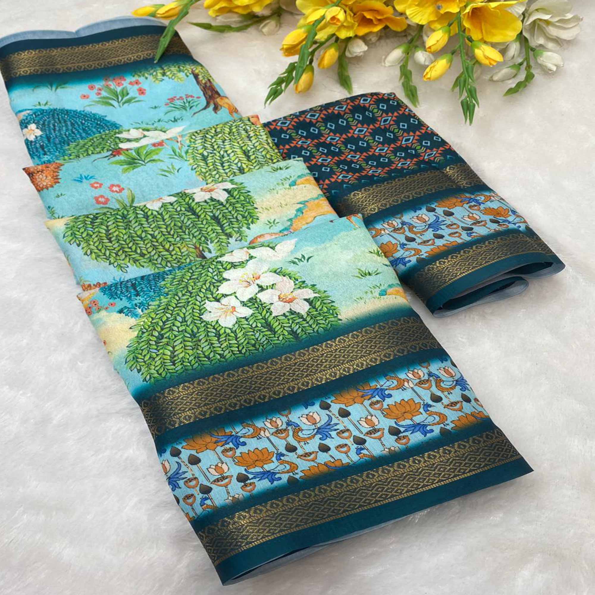 Sky Blue Floral Moss Georgette Saree with Elegant Drape & Soft Texture