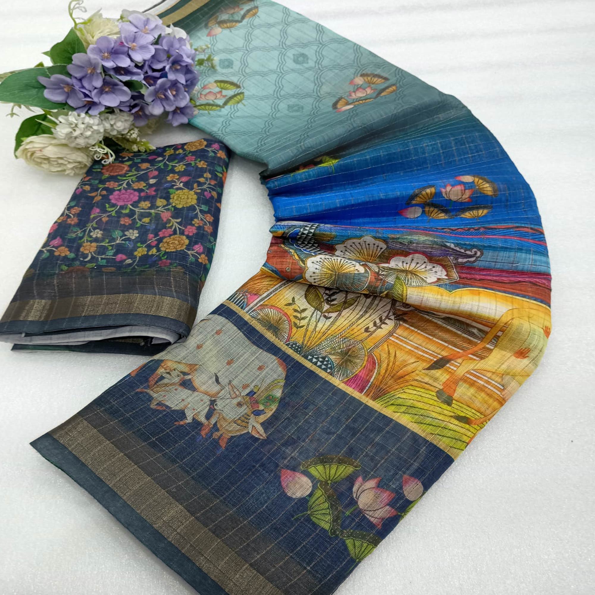 Multicolor Checks Zari Woven With Printed Linen Saree