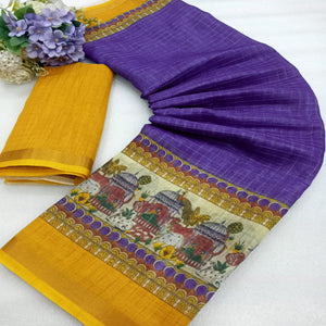 Purple Checks Zari Woven With Printed Linen Saree