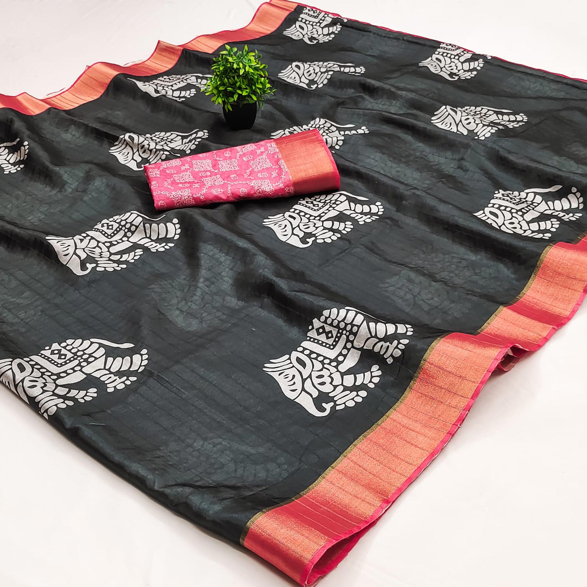 Black Cotton Silk Saree Woven on Handloom with Elegant Abstract Patterns