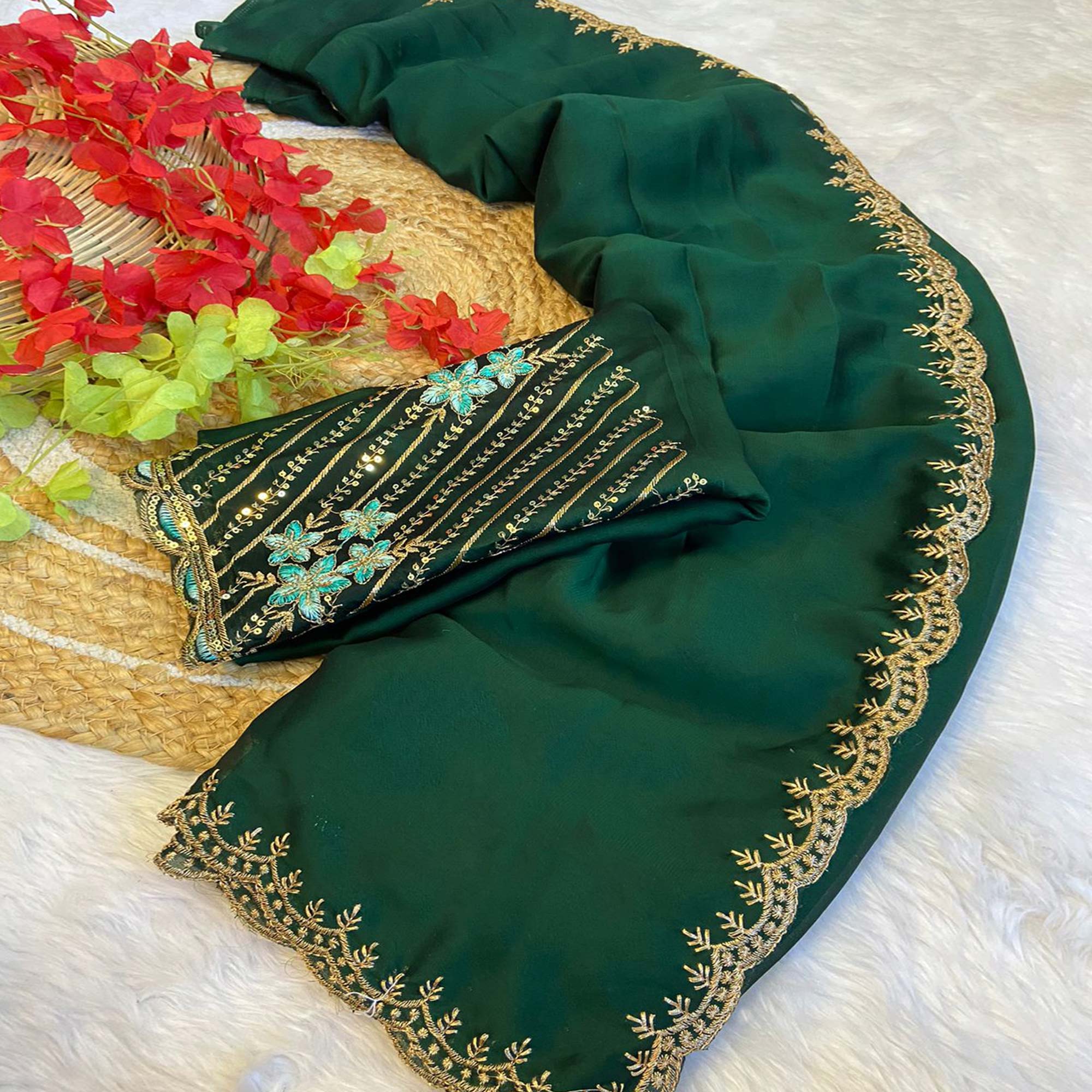 Green Zari Embroidered Organza Saree