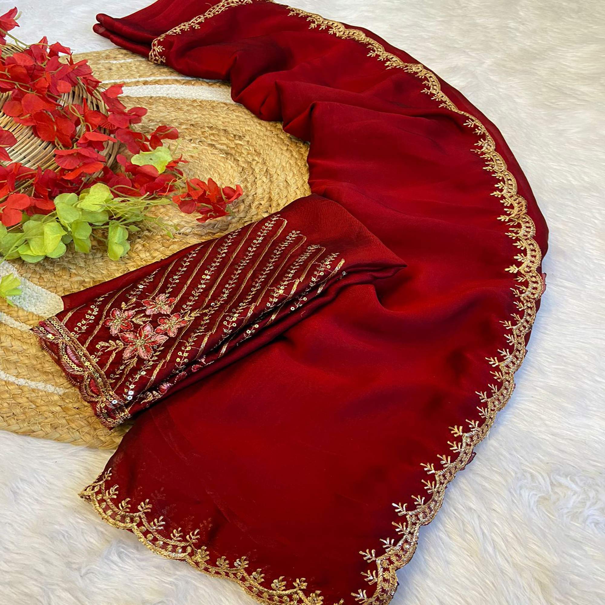 Maroon Zari Embroidered Organza Saree